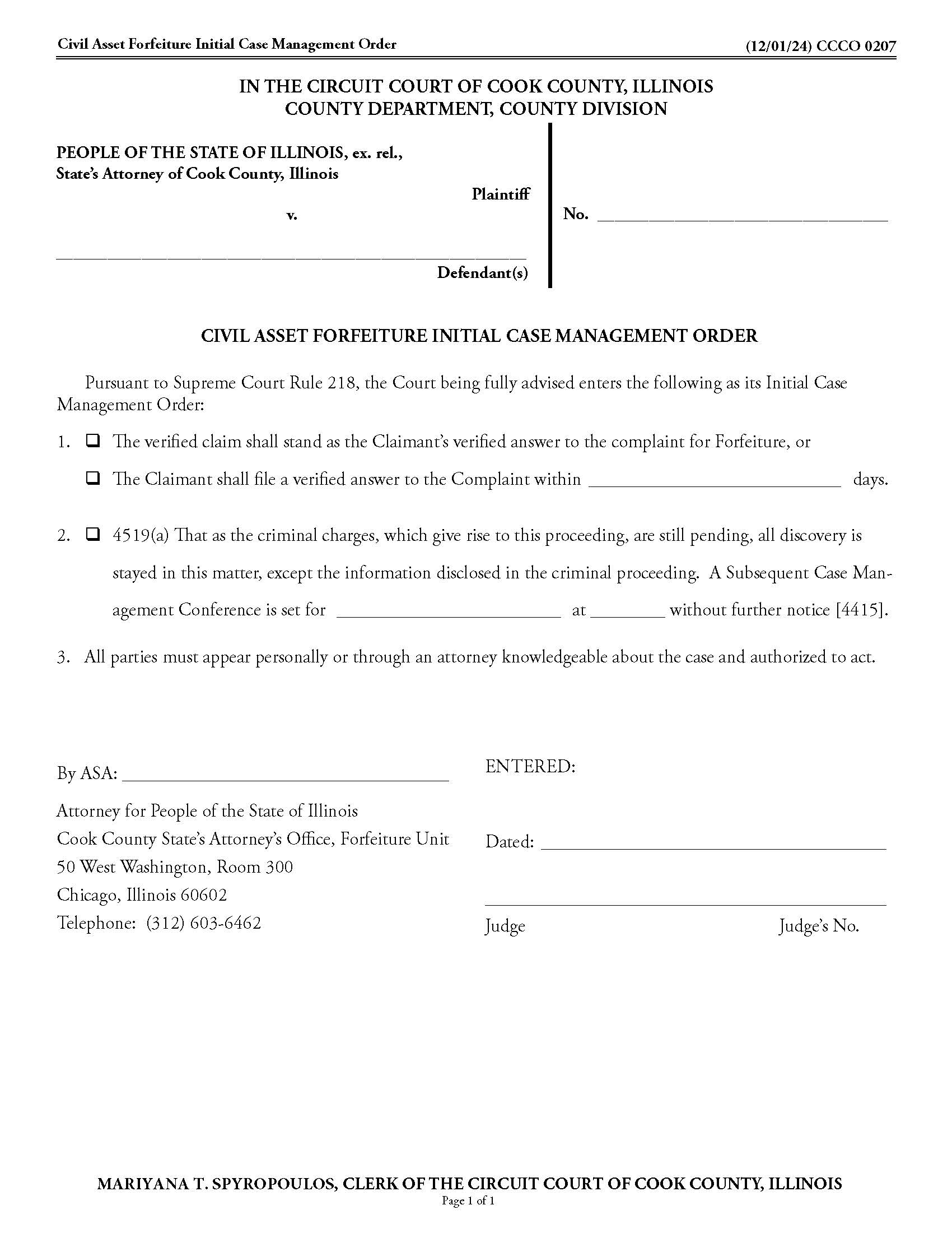 Civil Asset Forfeiture Initial Case Management Order {CCCO 0207} | Pdf Fpdf Docx | Illinois