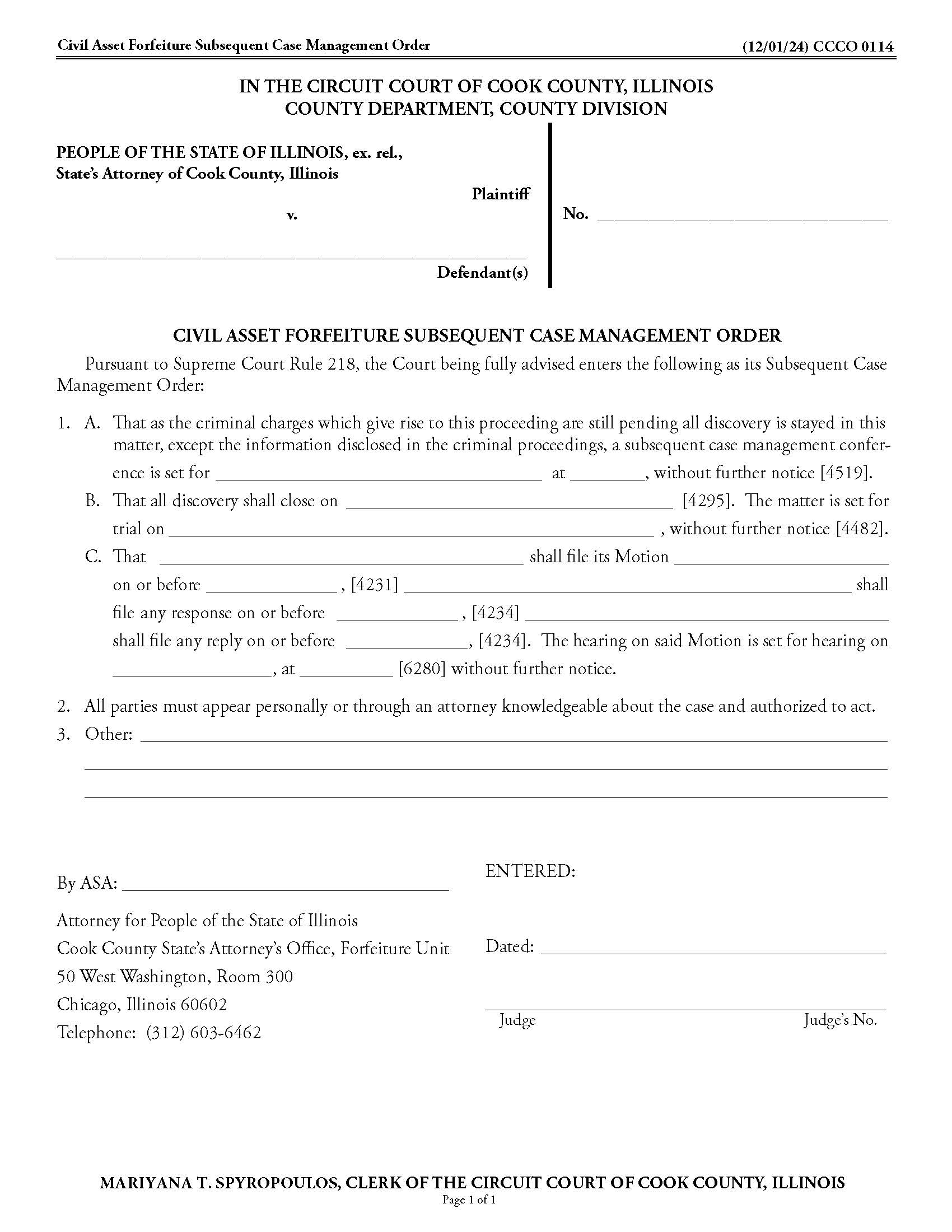 Civil Asset Forfeiture Subsequent Case Management Order {CCCO 0114} | Pdf Fpdf Doc Docx | Illinois