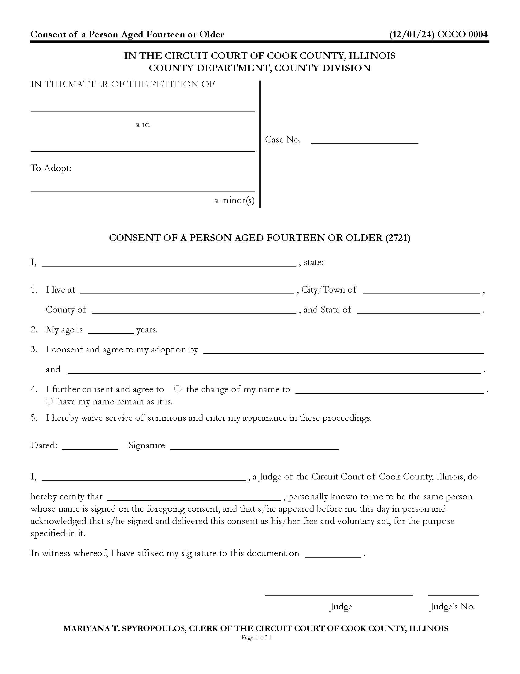 Consent Of A Person Aged Fourteen Or Older {CCCO 0004} | Pdf Fpdf Docx | Illinois