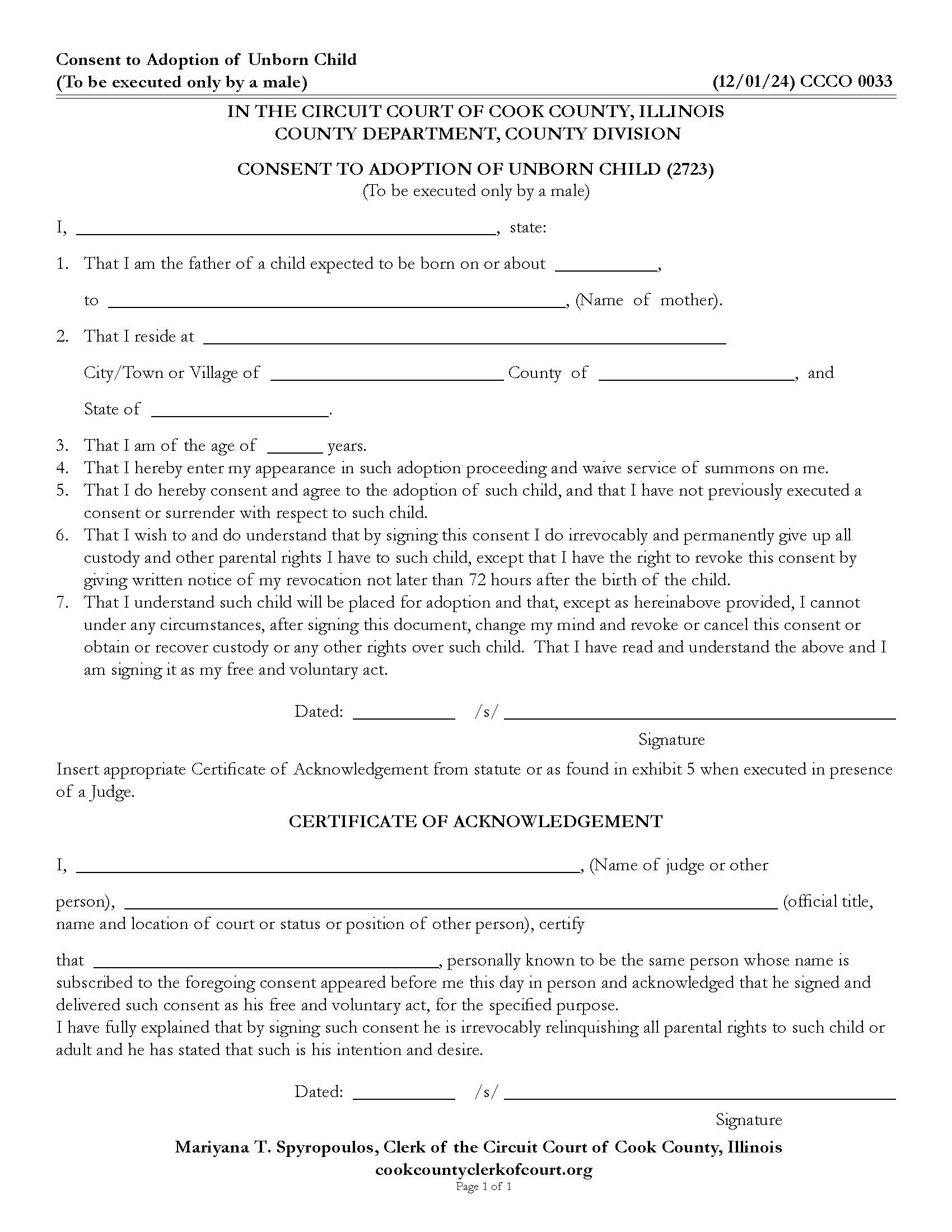Consent To Adoption Of Unborn Child (Only Executed By Male) {CCCO 0033} | Pdf Fpdf Docx | Illinois