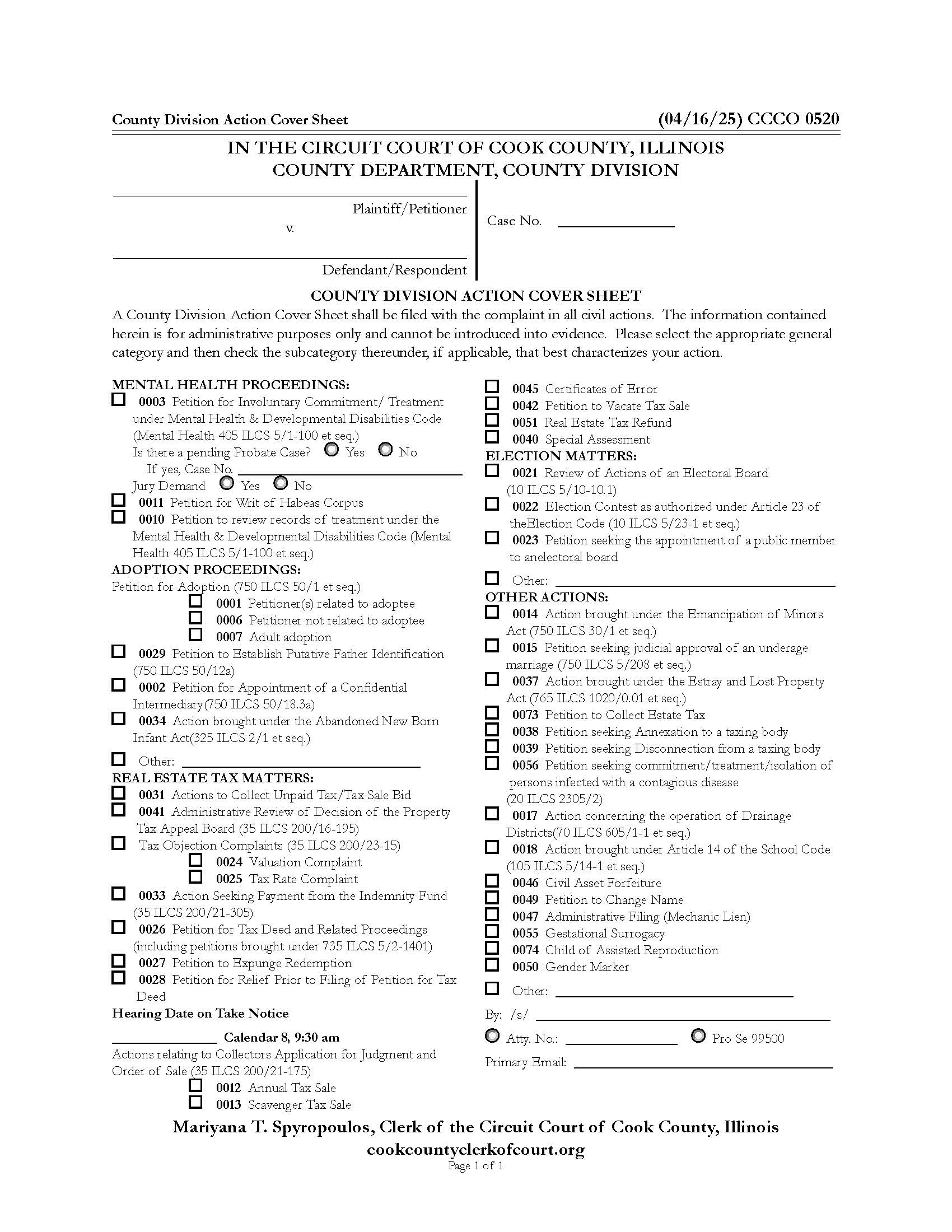 County Division Action Cover Sheet {CCCO 0520} | Pdf Fpdf Doc Docx | Illinois