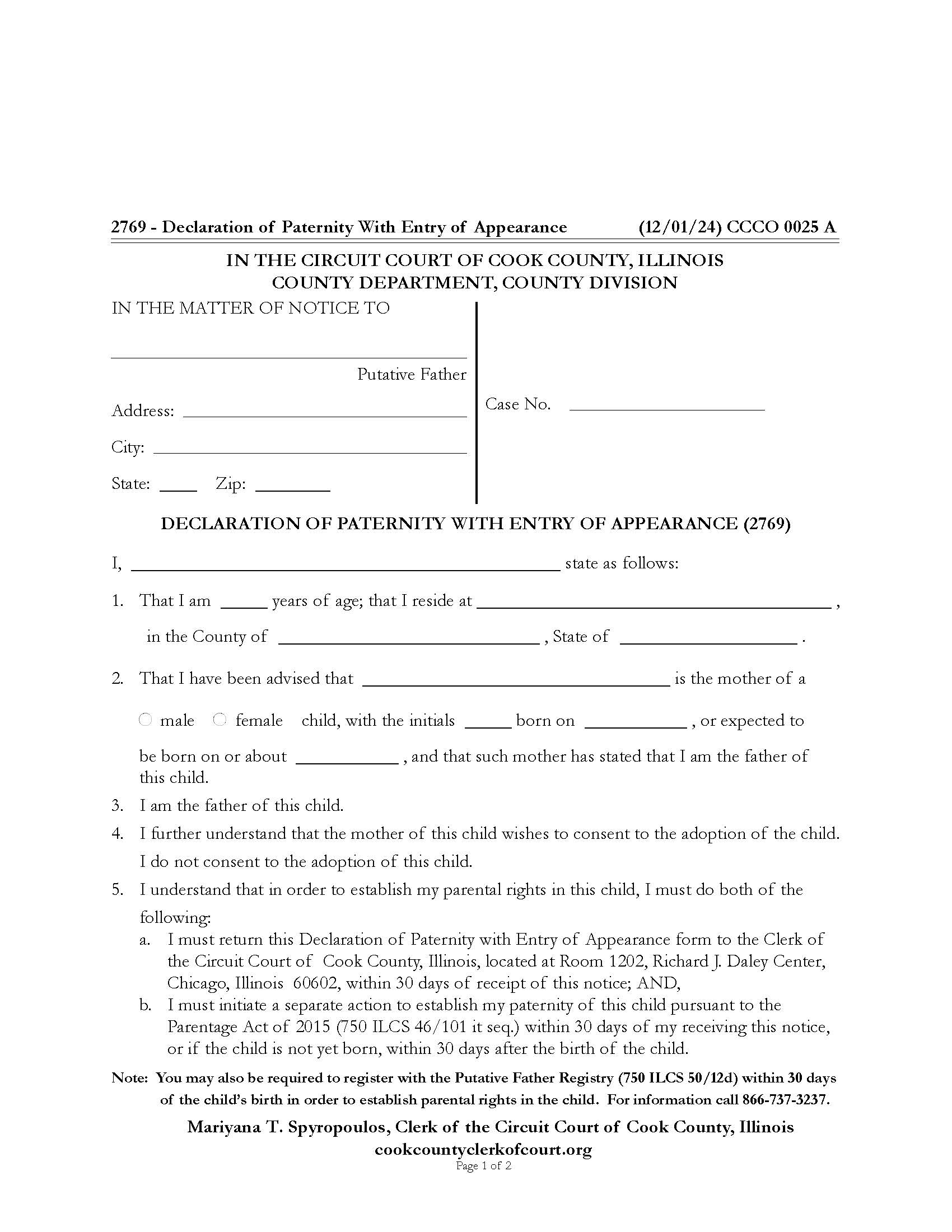 Declaration Of Paternity With Entry Of Appearance {CCCO 0025} | Pdf Fpdf Docx | Illinois