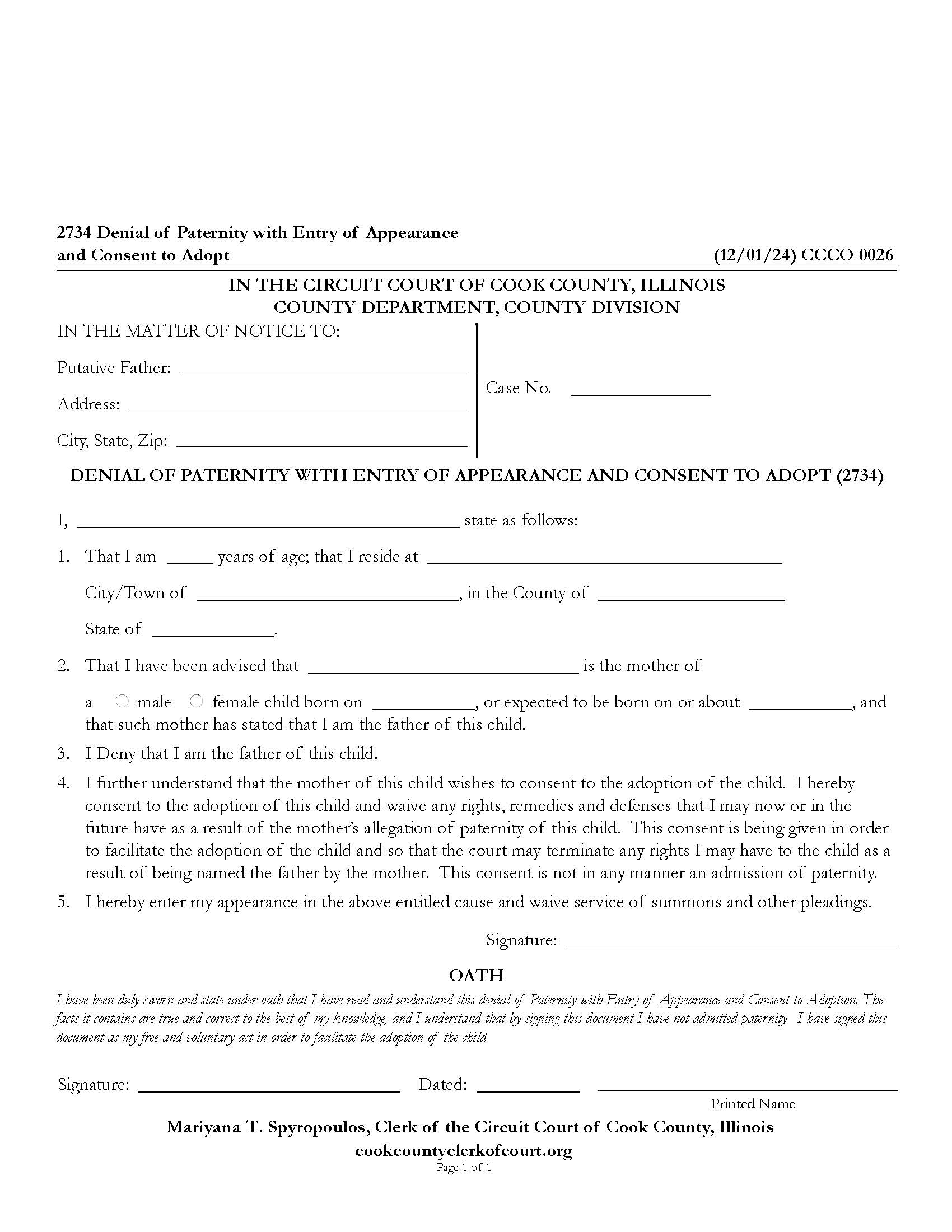 Denial Of Paternity With Entry Of Apperance And Consent To Adopt {CCCO 0026} | Pdf Fpdf Docx | Illinois