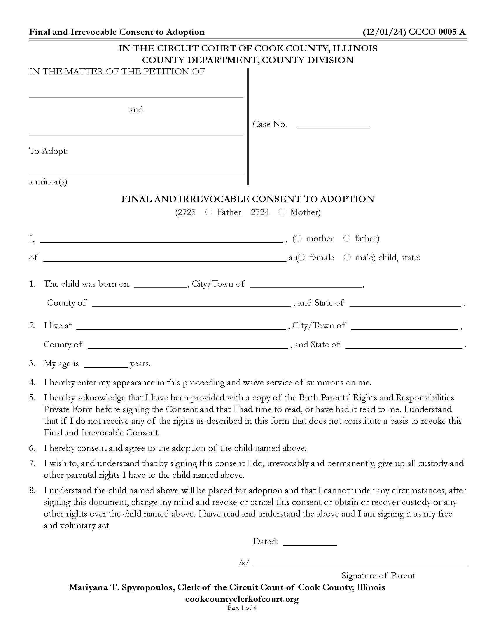 Final And Irrevocable Consent To Adoption {CCCO 0005} | Pdf Fpdf Docx | Illinois