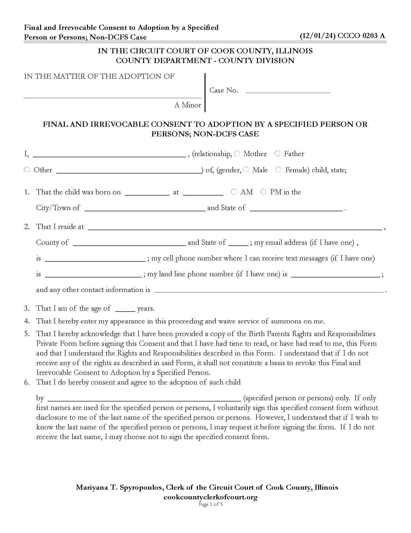 Final And Irrevocable Consent To Adoption Specific Person(s) Non-DCFS {CCCO 0203} | Pdf Fpdf Docx | Illinois