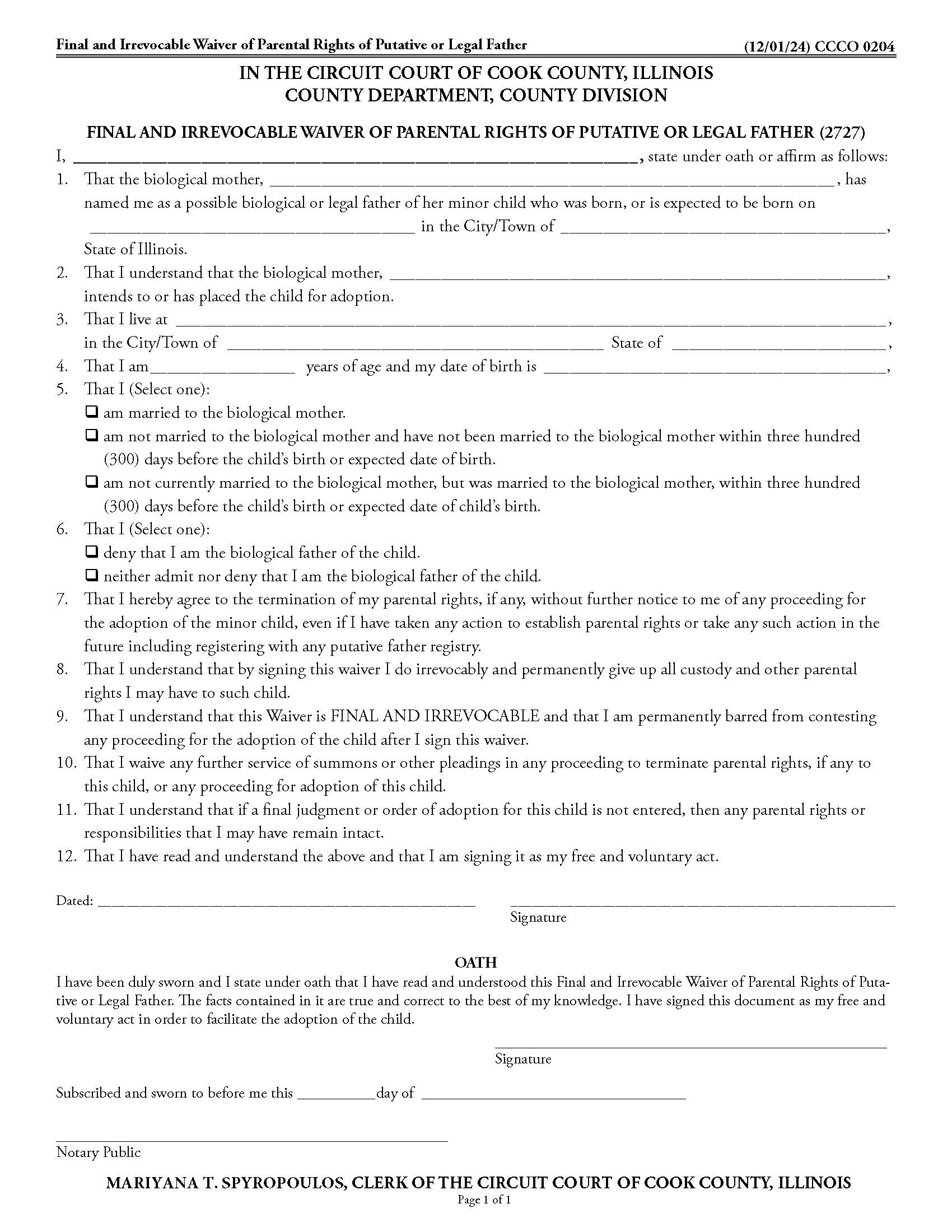 Final And Irrevocable Waiver Of Parental Rights Putative-Legal Father {CCCO 0204} | Pdf Fpdf Doc Docx | Illinois