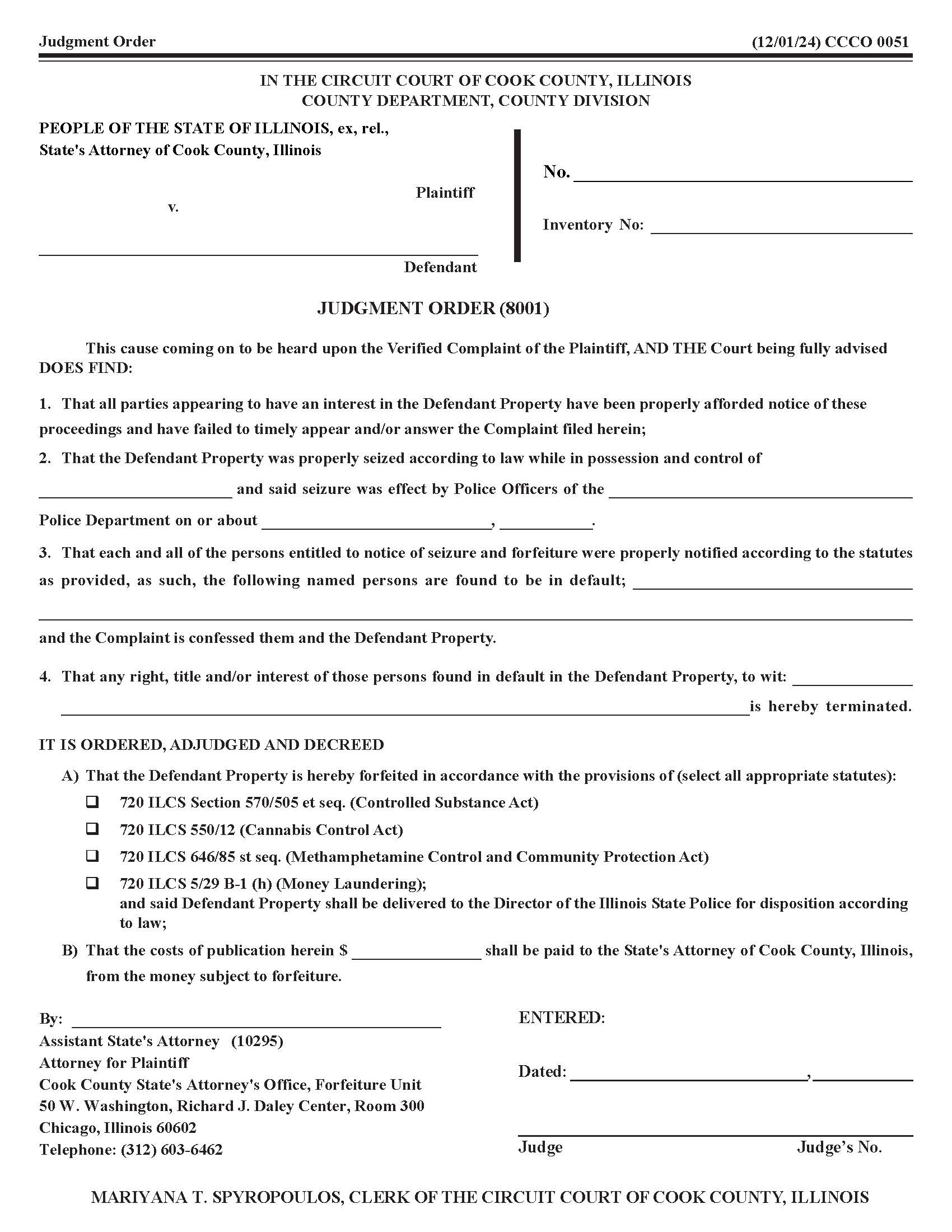 Judgment Order {CCCO 0051} | Pdf Fpdf Docx | Illinois