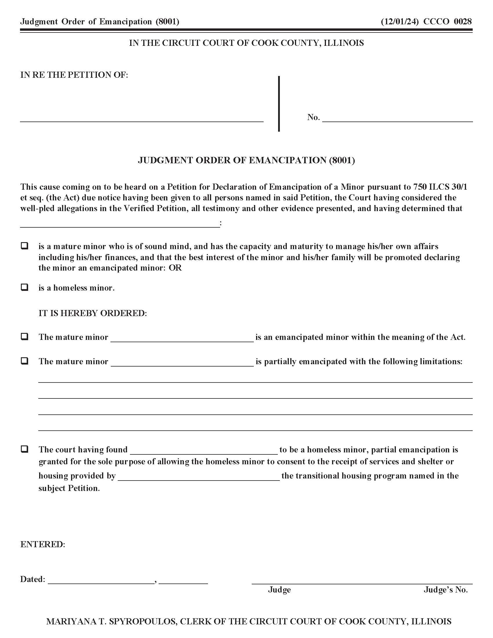 Judgment Order Of Emancipation (Of Minor) {CCCO 0028} | Pdf Fpdf Doc Docx | Illinois
