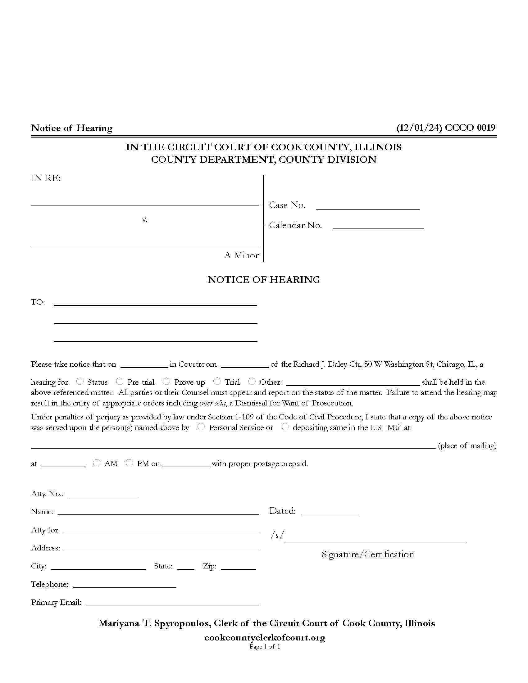 Notice Of Hearing {CCCO 0019} | Pdf Fpdf Docx | Illinois