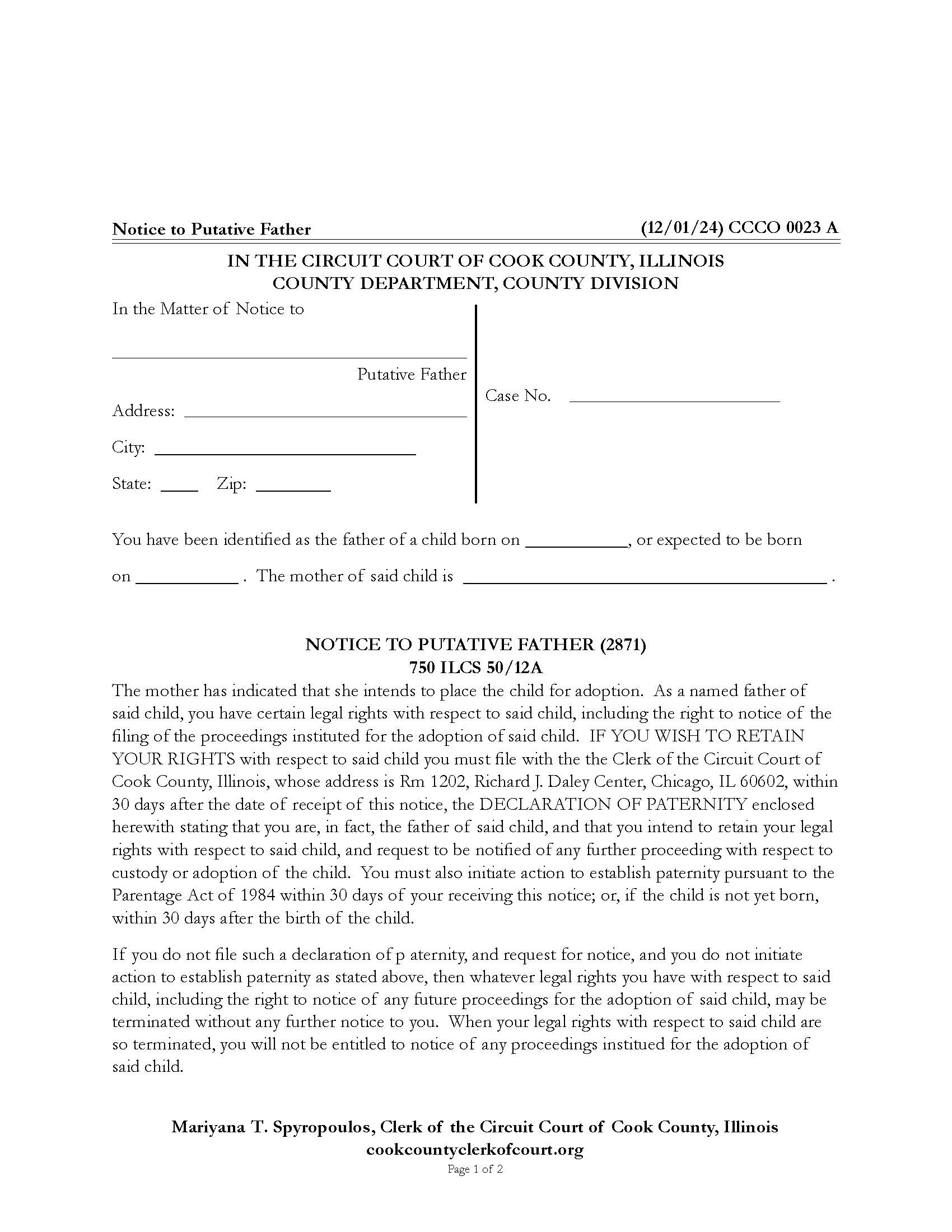 Notice To Putative Father {CCCO 0023} | Pdf Fpdf Docx | Illinois