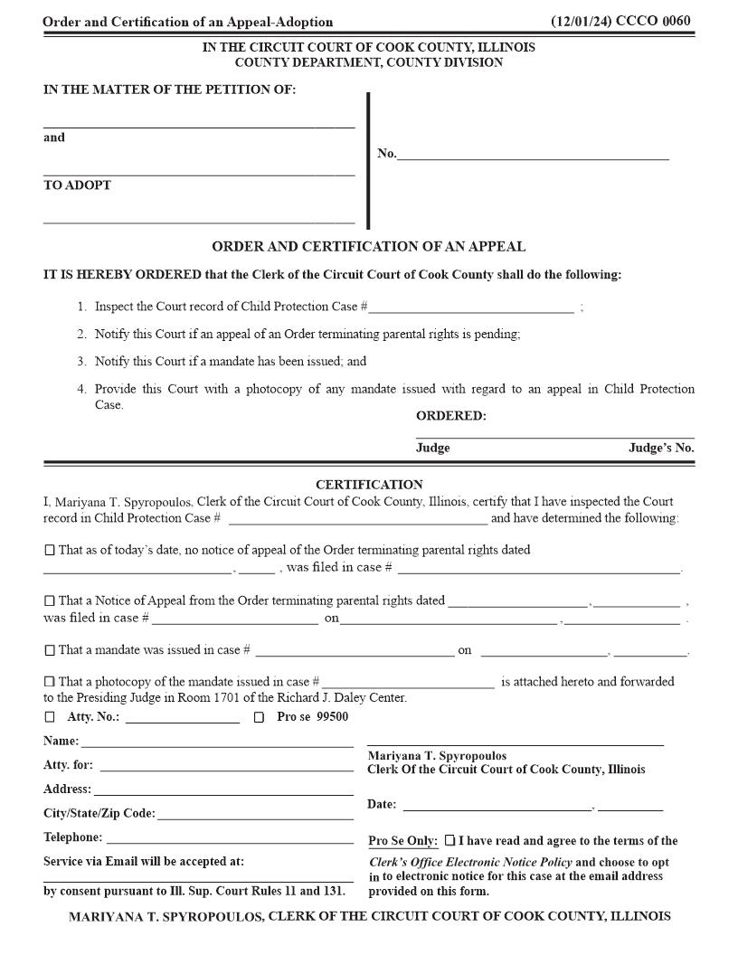 Order And Certification Of An Appeal (Adoption) {CCCO 0060} | Pdf Fpdf Doc Docx | Illinois