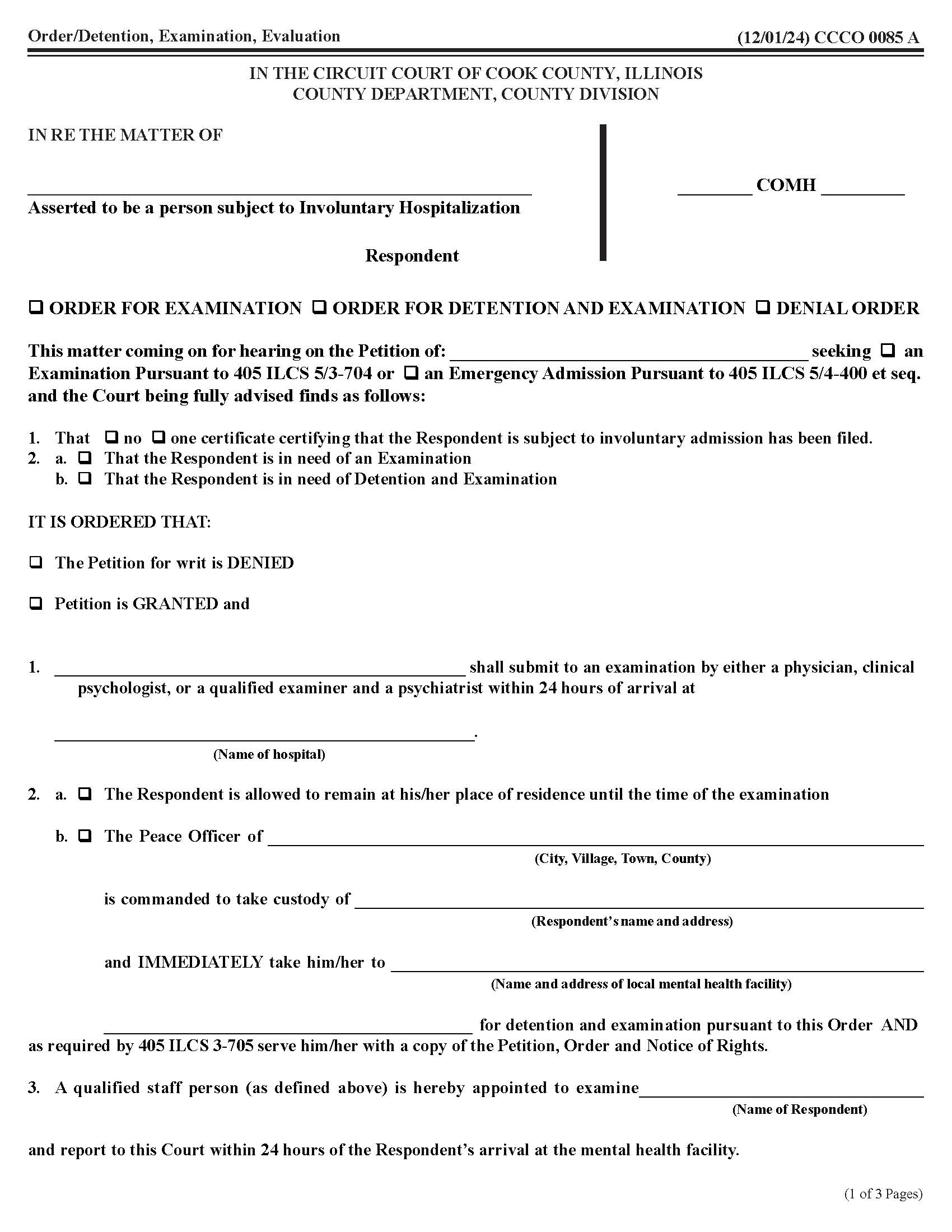 Order For Detention Examination Evaluation {CCCO 0085} | Pdf Fpdf Docx | Illinois