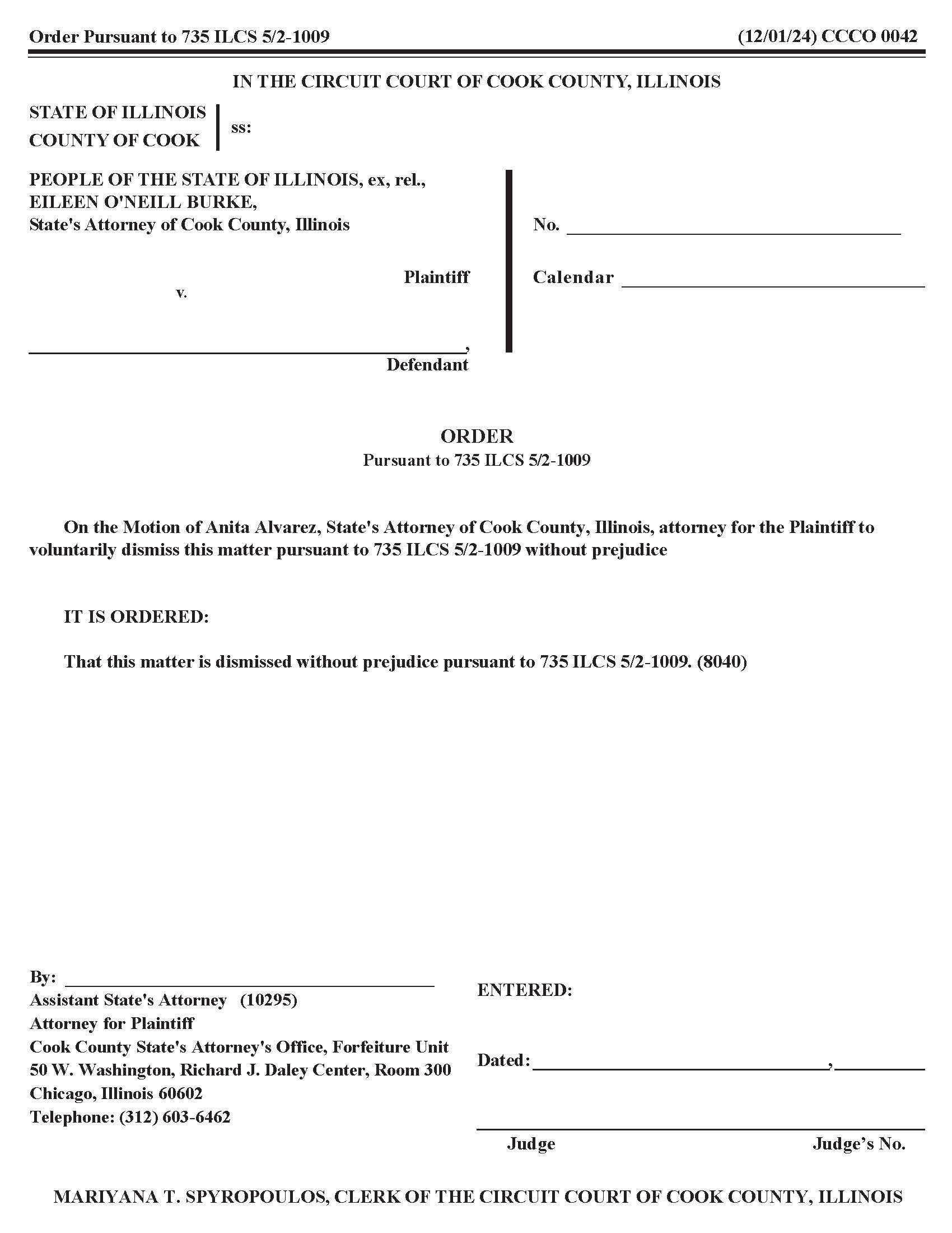 Order Pursuant To 735 ILCS 5 2-1009 {CCCO 0042} | Pdf Fpdf Doc Docx | Illinois