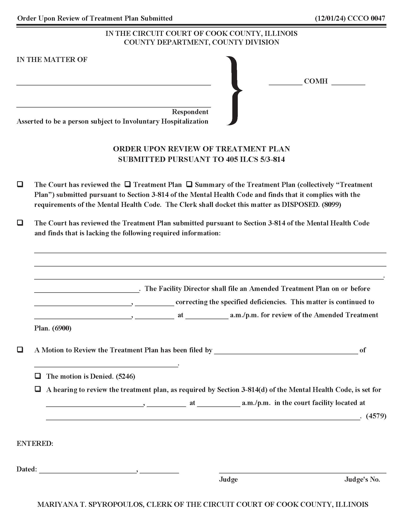 Order Upon Review Of Treatment Plan Pursuant To 405 ILCS 3-814 {CCCO 0047} | Pdf Fpdf Docx | Illinois