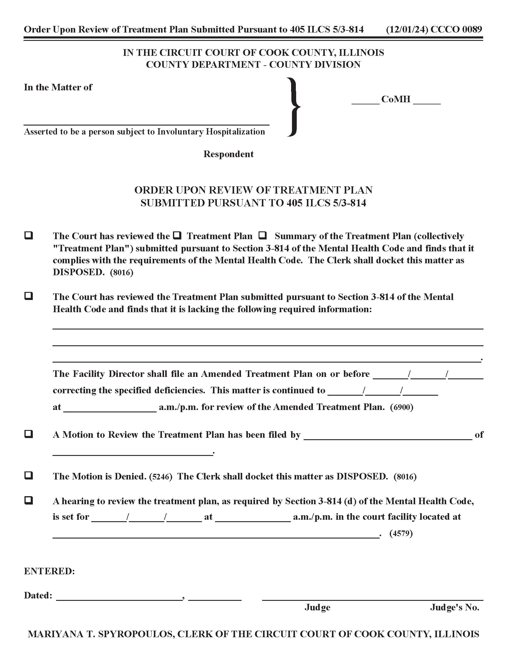 Order Upon Review Of Treatment Plan Pursuant To 405 ILCS 3-814 {CCCO 0089} | Pdf Fpdf Docx | Illinois