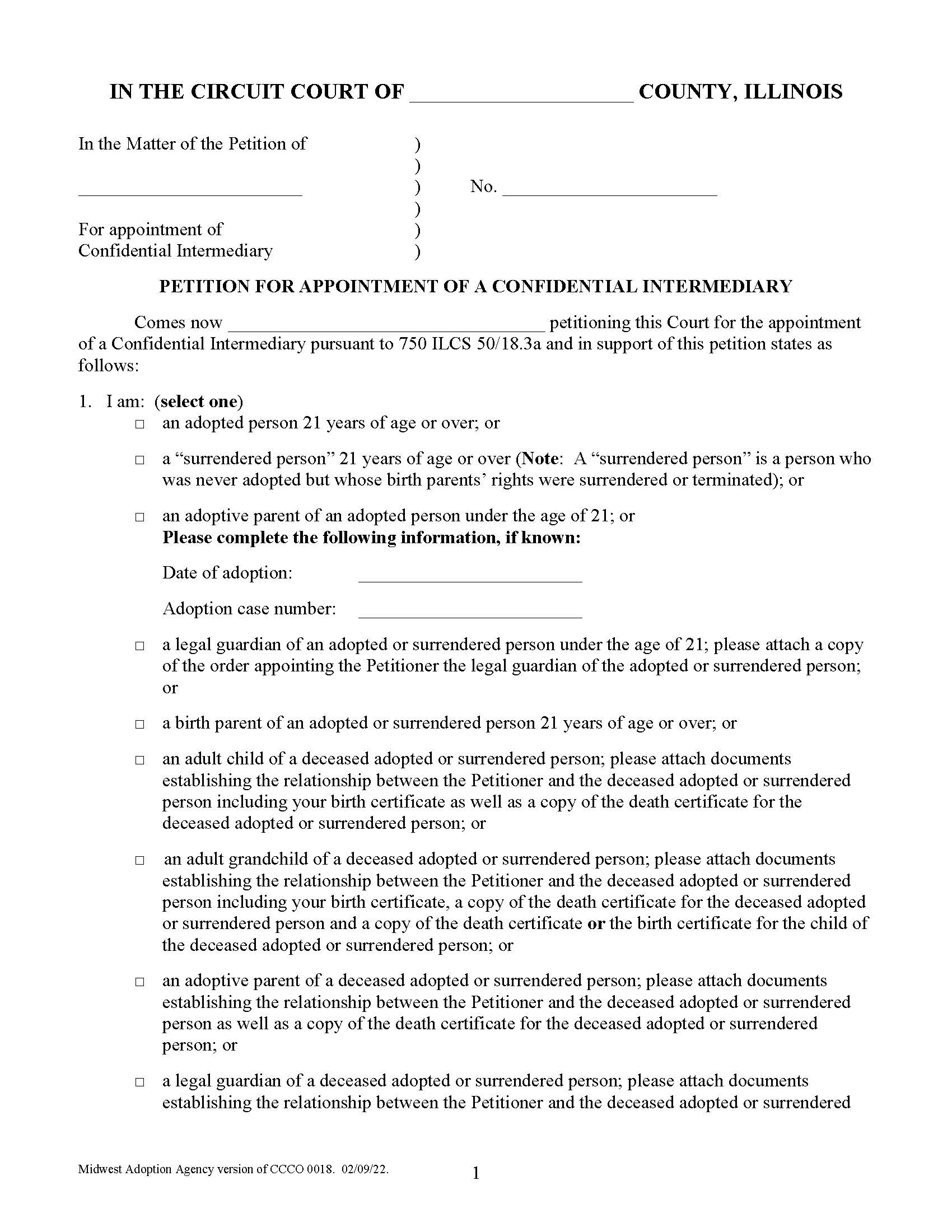 Petition For Appointment Of Confidential Intermediary {CCCO 0018} | Pdf Fpdf Doc Docx | Illinois