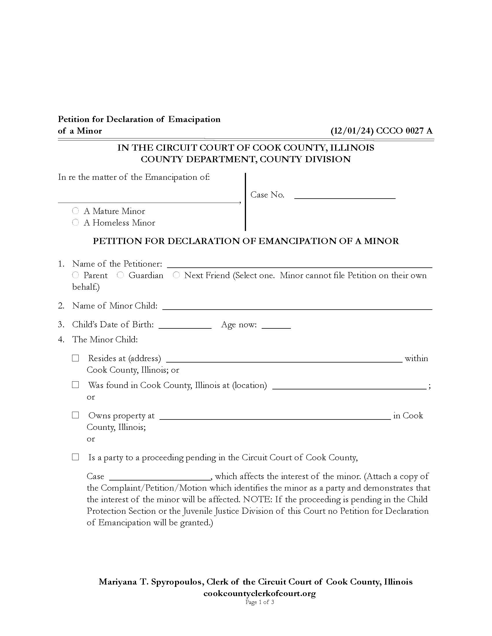 Petition For Declaration Of Emancipation Of Minor {CCCO 0027} | Pdf Fpdf Docx | Illinois