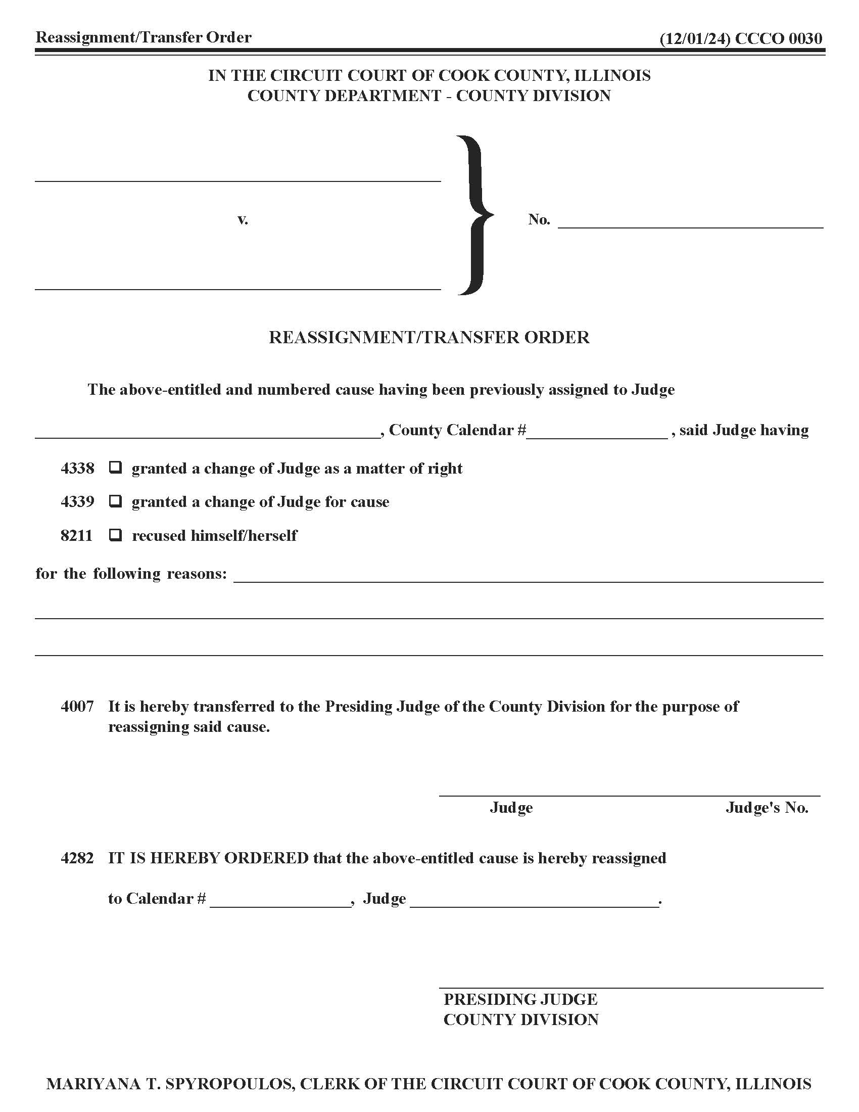 Reassignment - Transfer Order {CCCO 0030} | Pdf Fpdf Docx | Illinois