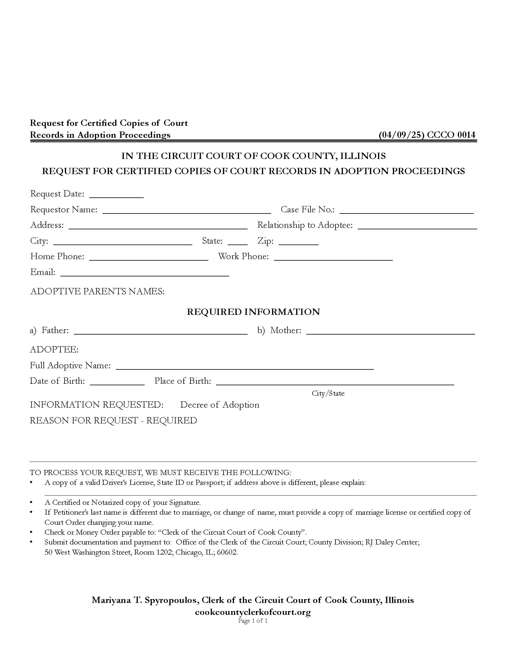 Request For Certified Copies Of Court Records In Adoption Proceedings {CCCO 0014} | Pdf Fpdf Docx | Illinois
