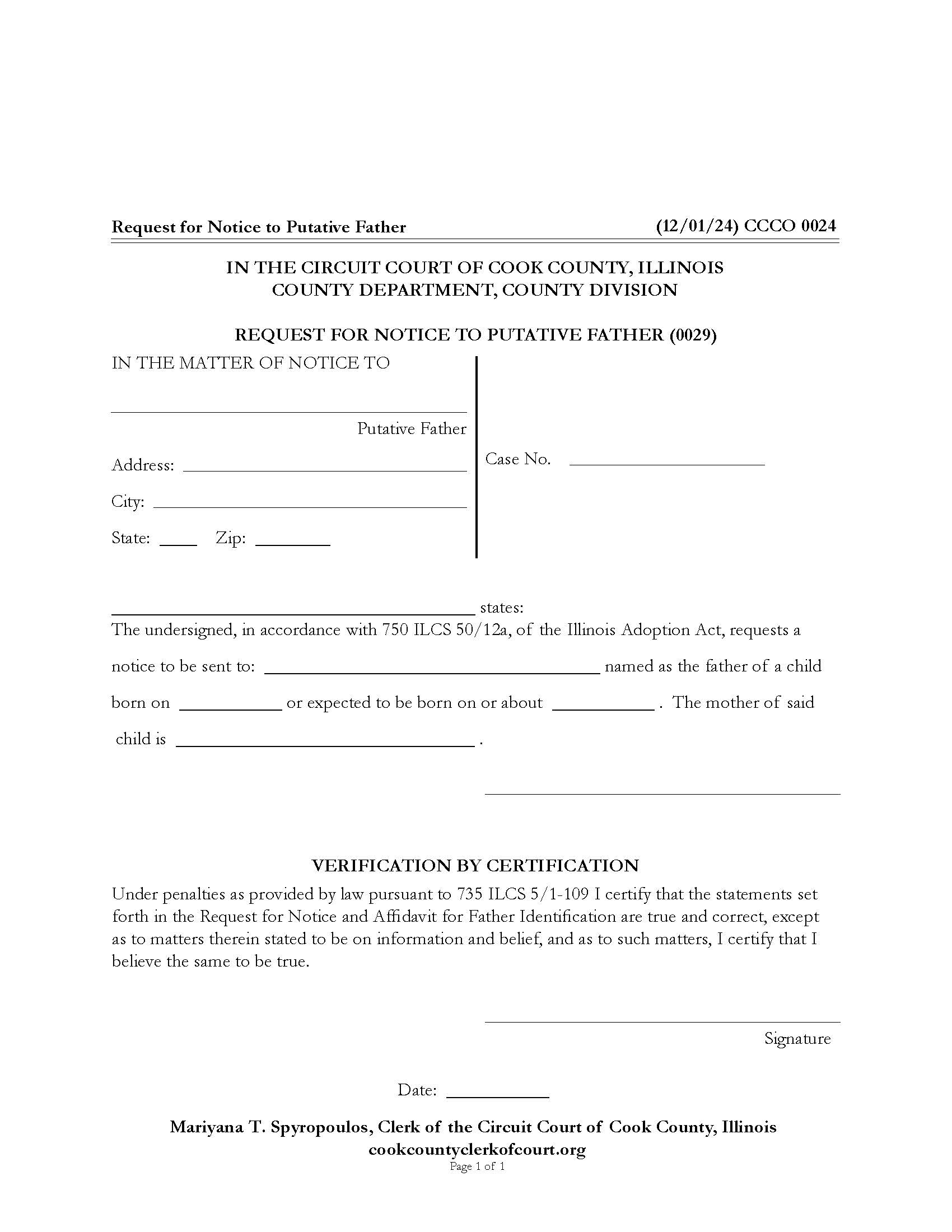 Request For Notice To Putative Father {CCCO 0024} | Pdf Fpdf Docx | Illinois