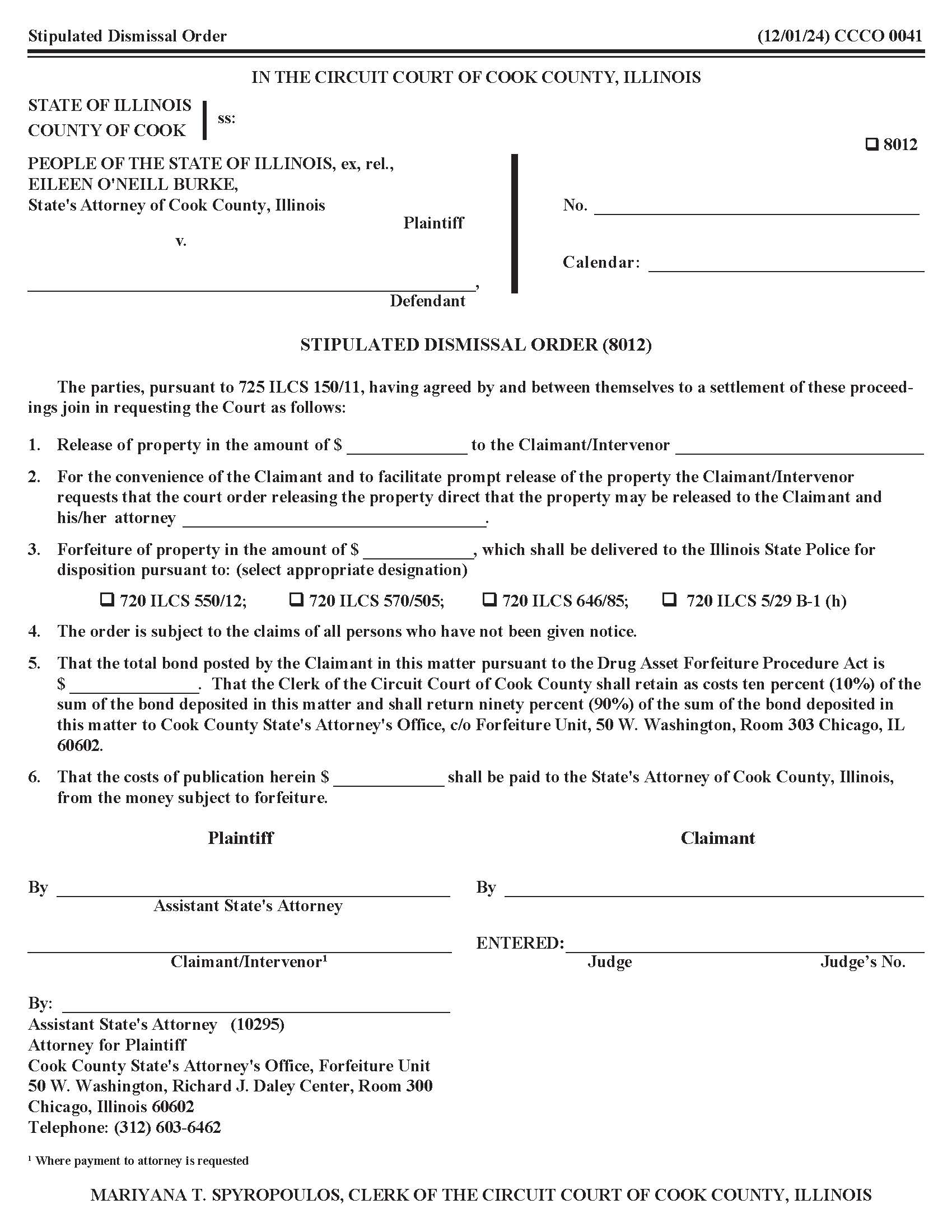 Stipulated Dismissal Order {CCCO 0041} | Pdf Fpdf Doc Docx | Illinois