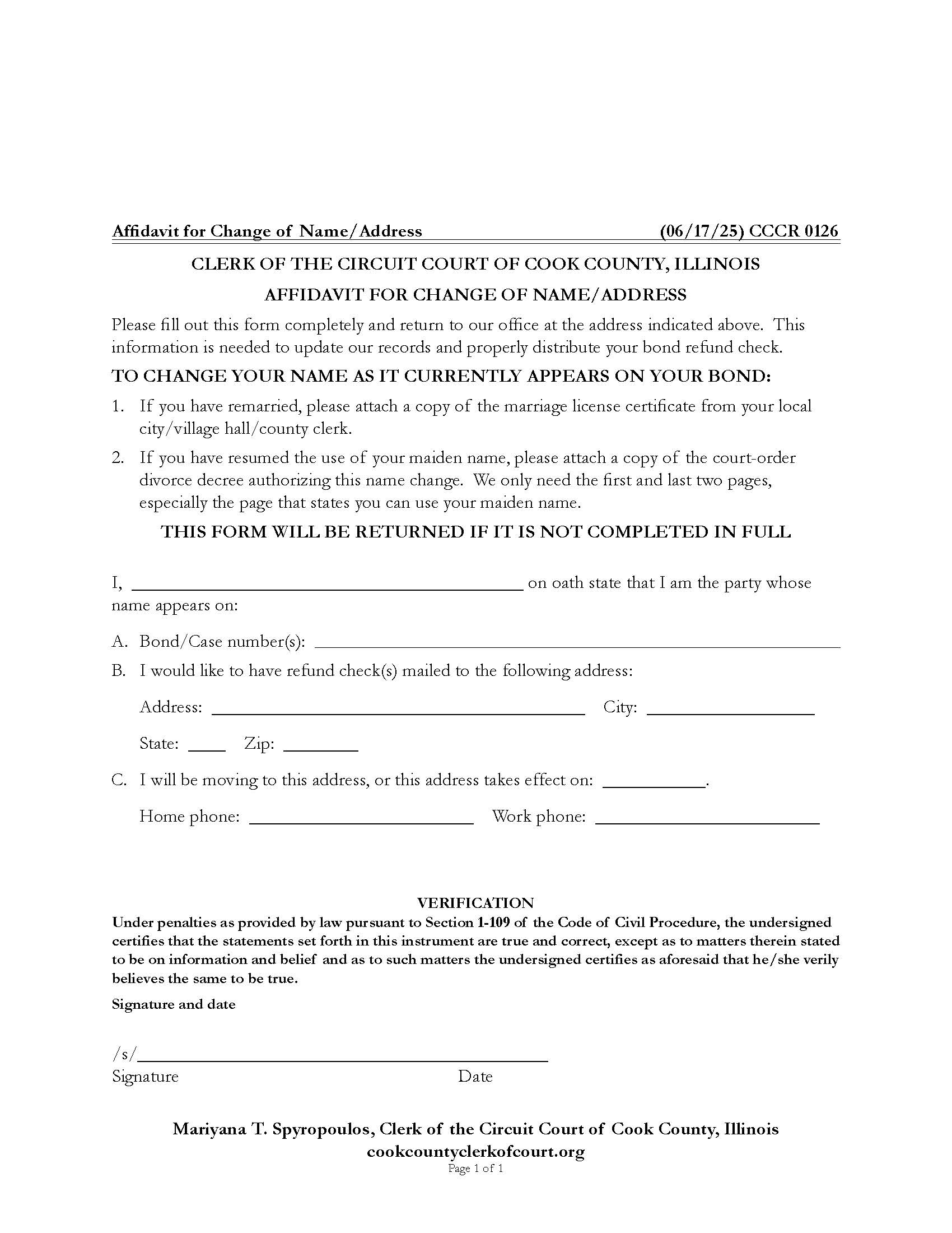 Affidavit For Change Of Name-Address {CCCR 0126} | Pdf Fpdf Docx | Illinois