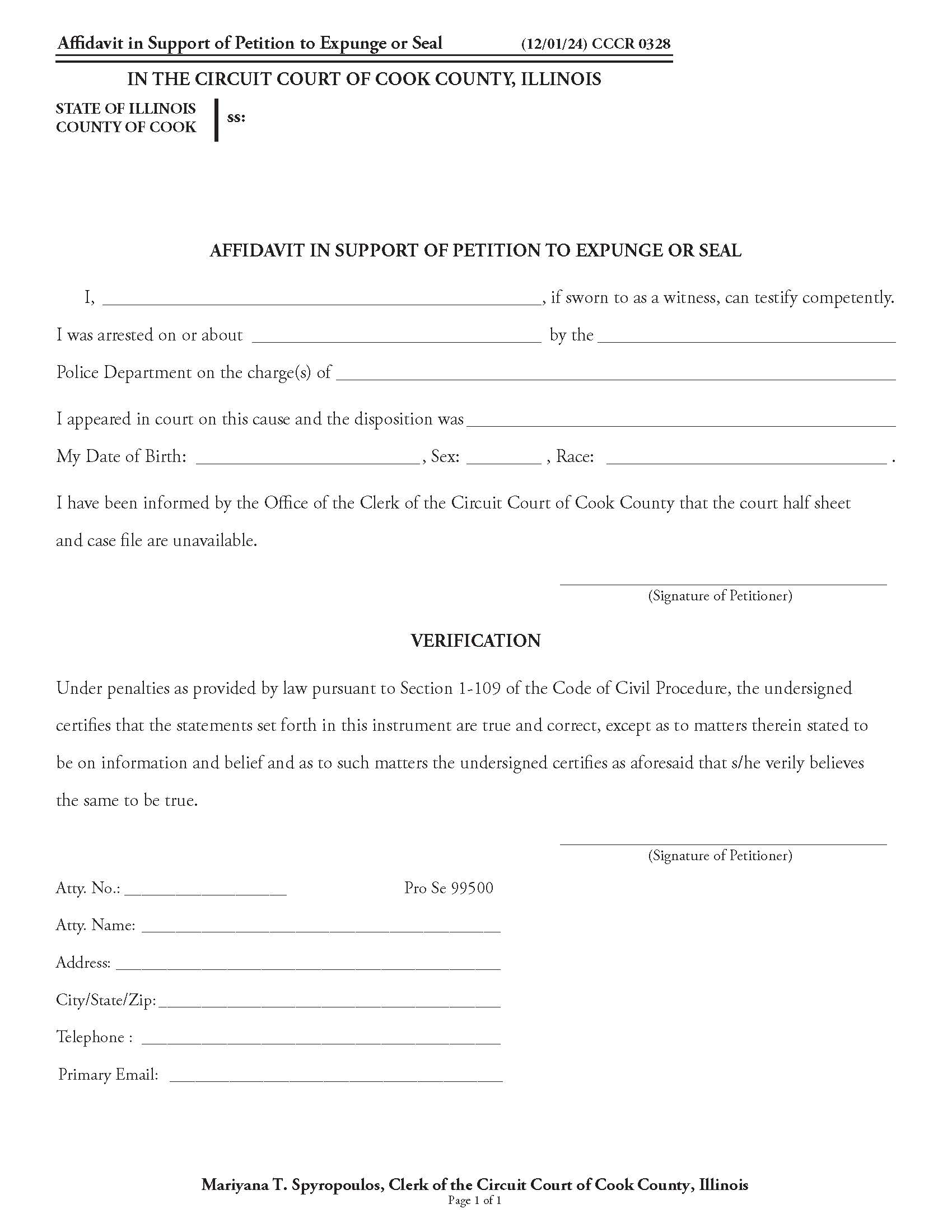 Affidavit In Support Of Petition To Expunge Or Seal {CCCR 0328} | Pdf Fpdf Doc Docx | Illinois