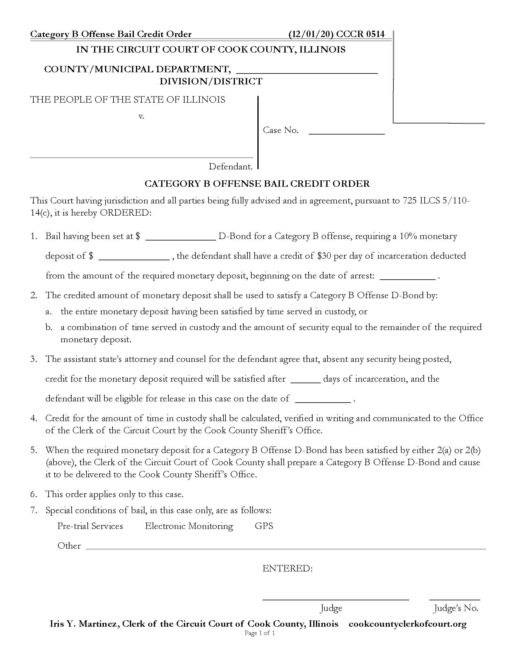 Category B Offense Bail Credit Order {CCCR 0514} | Pdf Fpdf Docx | Illinois