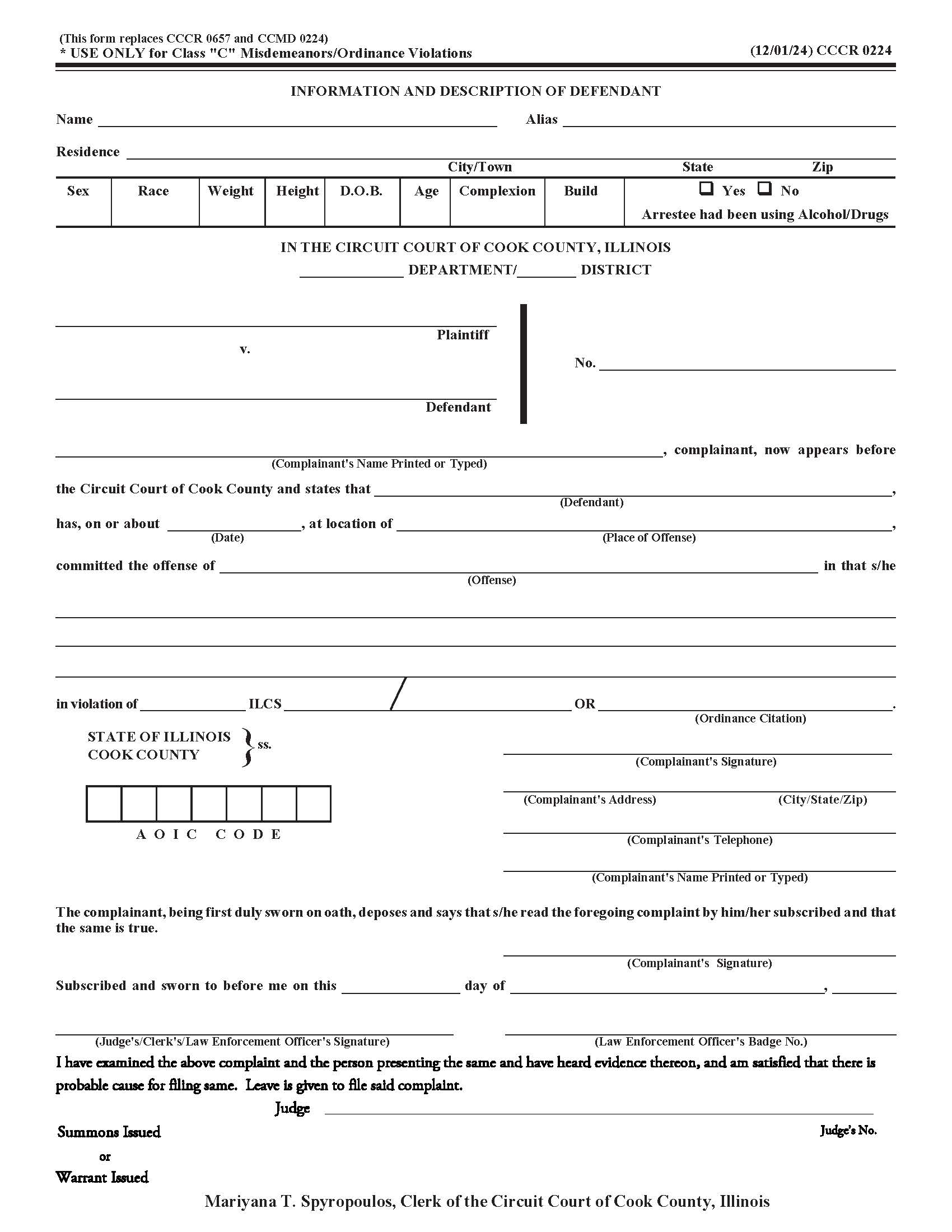 Class C Misdemeanors Ordinance Violations Information And Description Of Defendant {CCCR 0224} | Pdf Fpdf Doc Docx | Illinois