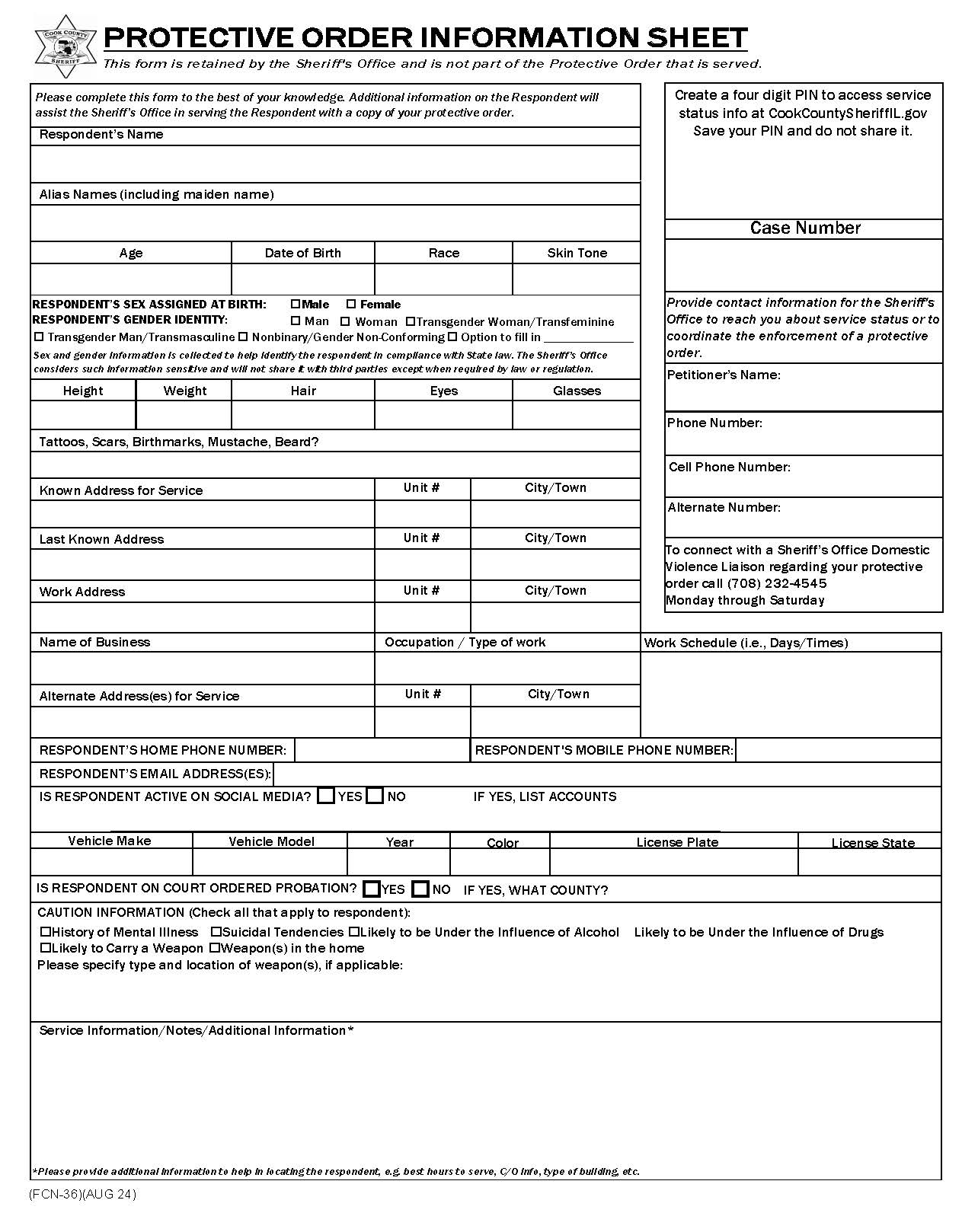 Confidential Protective Order Information Sheet (Sheriffs Use Only) {CCCR 0100} | Pdf Fpdf Docx | Illinois