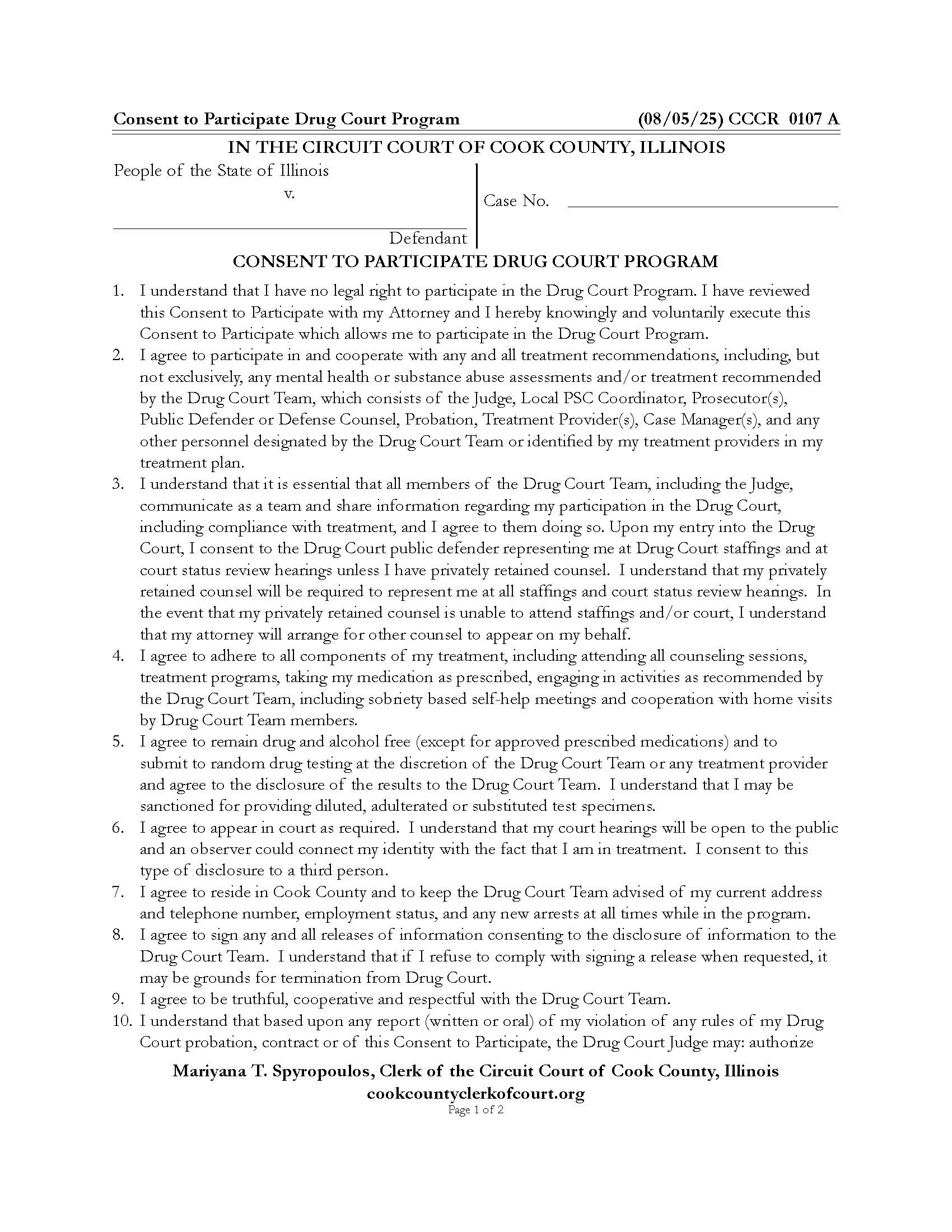 Consent To Participate Drug Court Program {CCCR 0107} | Pdf Fpdf Doc Docx | Illinois