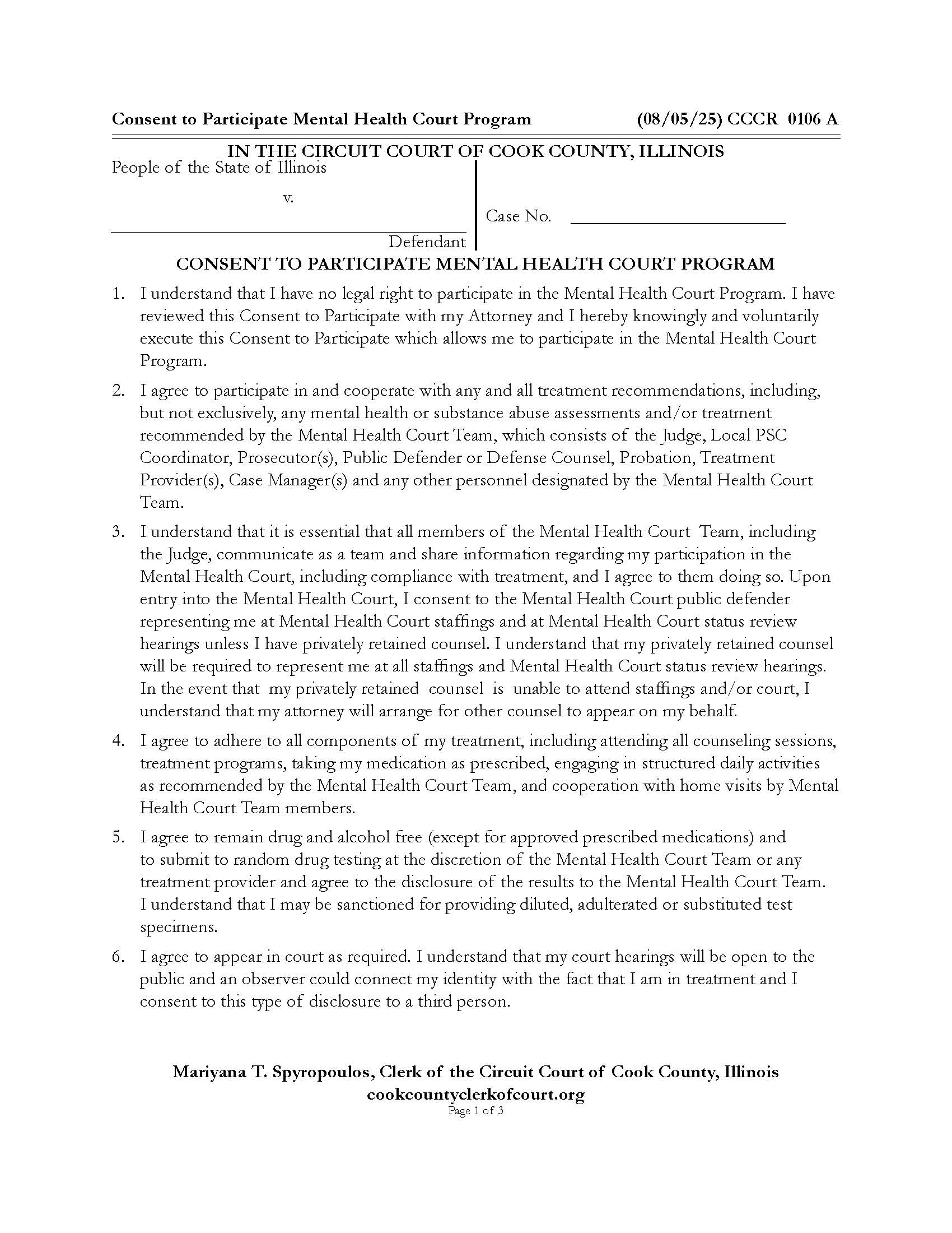 Consent To Participate Mental Health Court Program {CCCR 0106} | Pdf Fpdf Doc Docx | Illinois