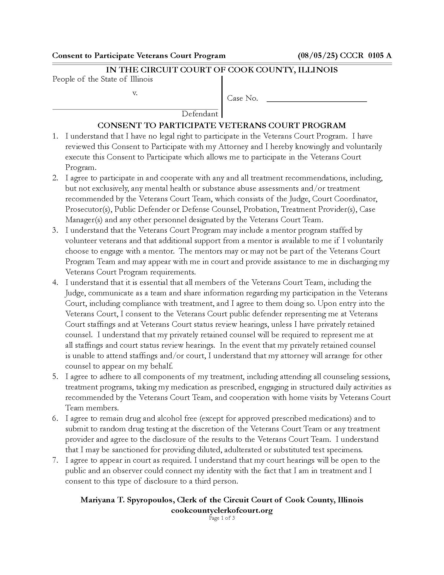 Consent To Participate Veterans Court Program {CCCR 0105} | Pdf Fpdf Doc Docx | Illinois