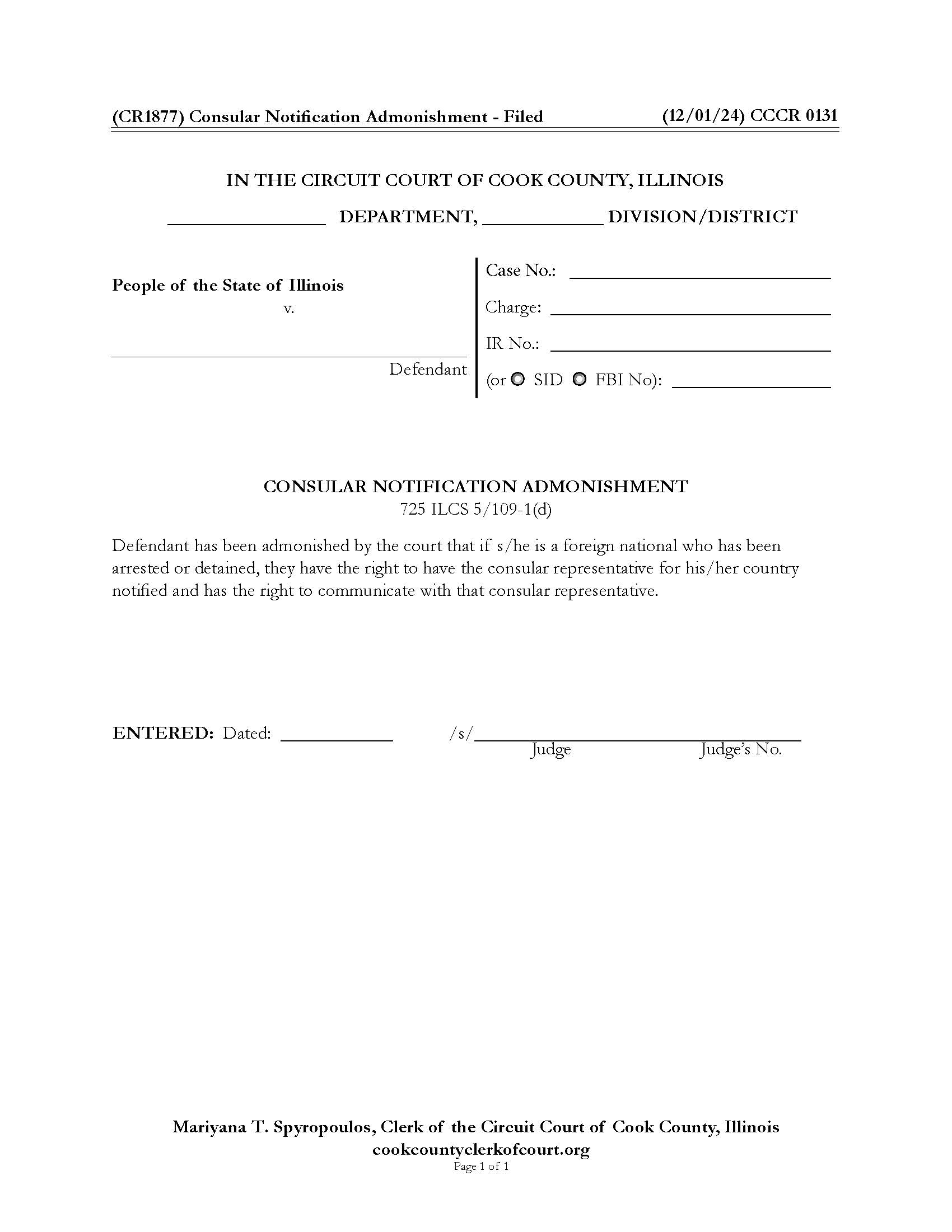 Consular Notification Admonishment Filed {CCCR 0131} | Pdf Fpdf Docx | Illinois