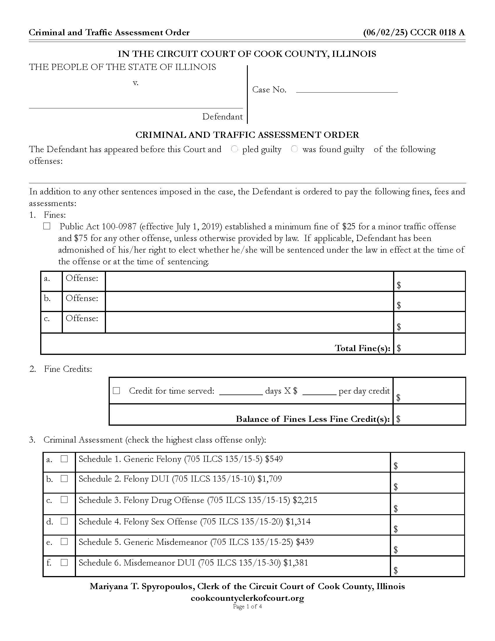 Criminal And Traffic Assessment Order {CCCR 0118} | Pdf Fpdf Docx | Illinois