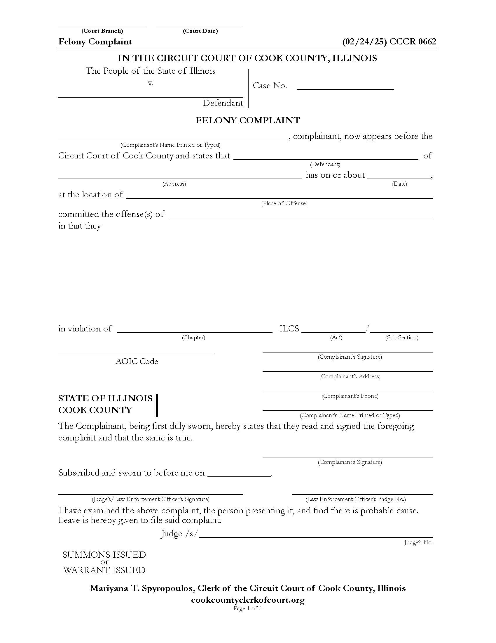 Felony Complaint {CCCR 0662} | Pdf Fpdf Docx | Illinois