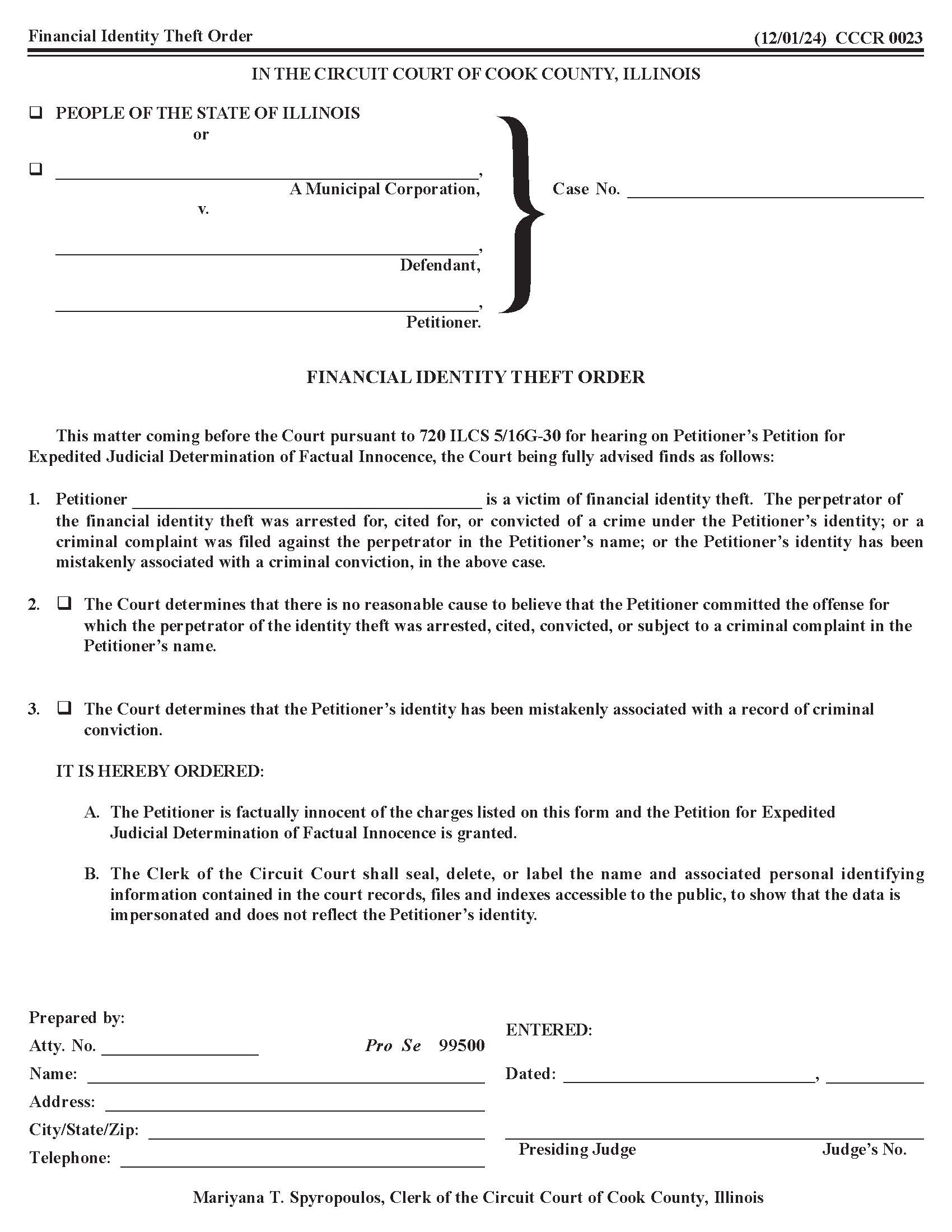 Financial Identity Theft Order {CCCR 0023} | Pdf Fpdf Docx | Illinois