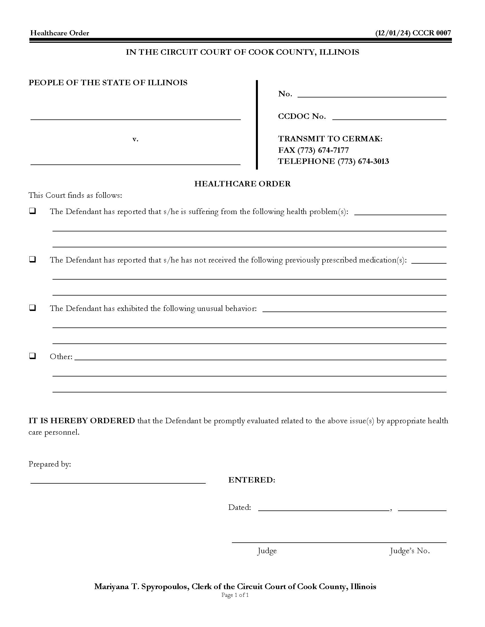 Healthcare Order {CCCR 0007} | Pdf Fpdf Docx | Illinois