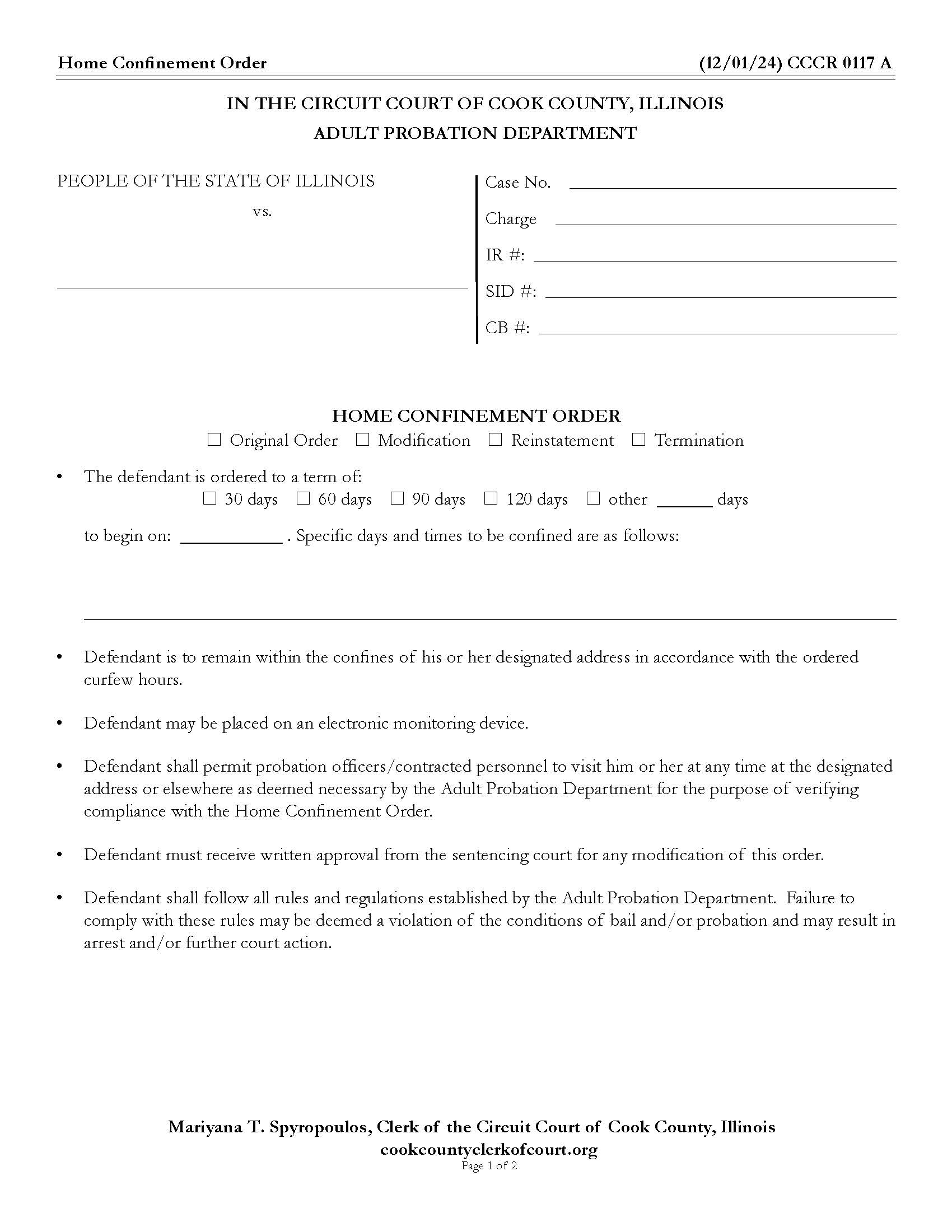 Home Confinement Order {CCCR 0117} | Pdf Fpdf Docx | Illinois