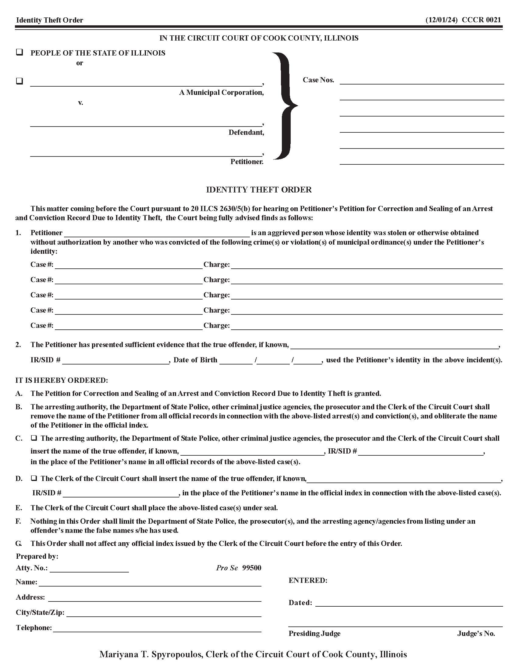 Identity Theft Order {CCCR 0021} | Pdf Fpdf Doc Docx | Illinois