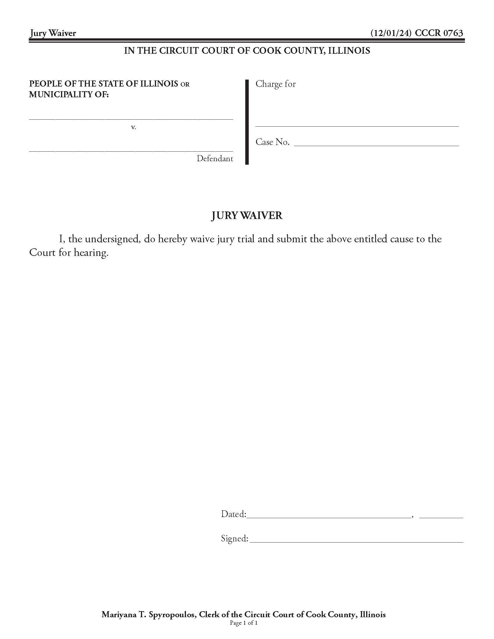 Jury Waiver {CCCR 0763} | Pdf Fpdf Docx | Illinois