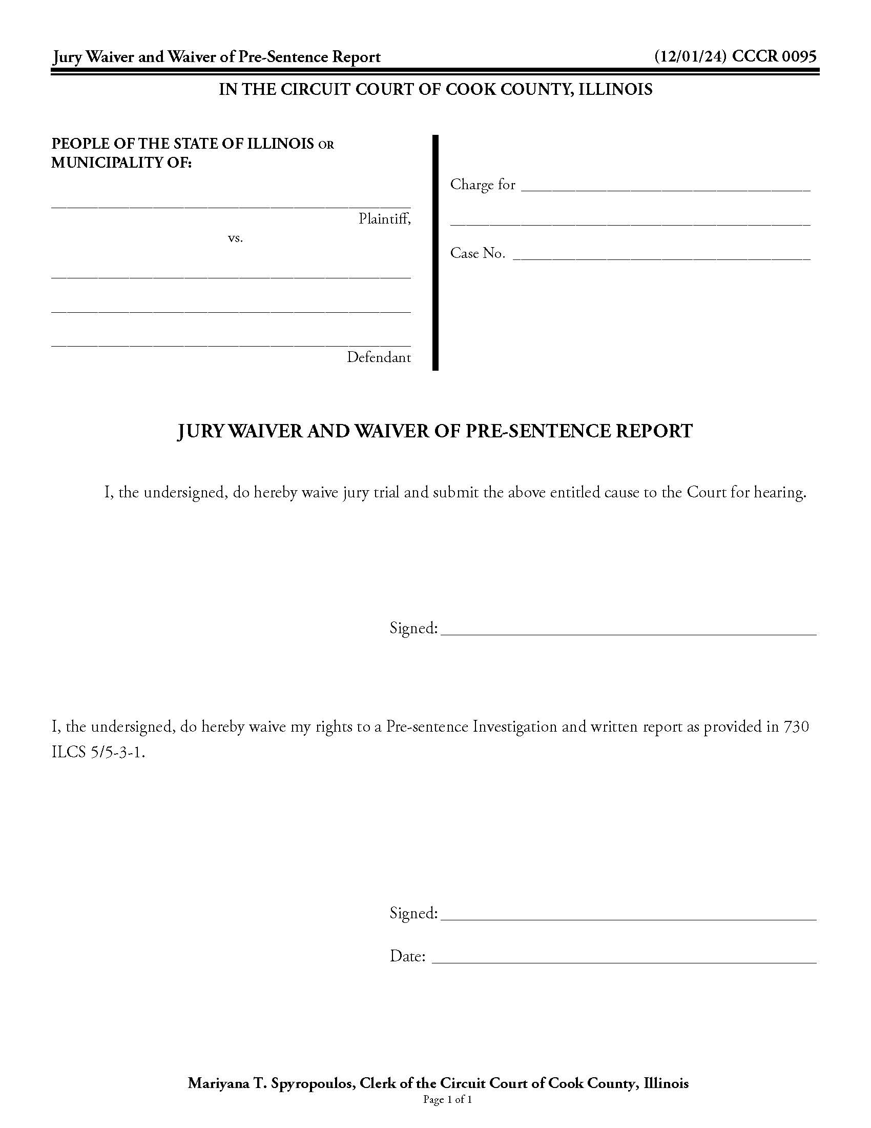 Jury Waiver And Waiver Of Pre-Sentence Report {CCCR 0095} | Pdf Fpdf Docx | Illinois