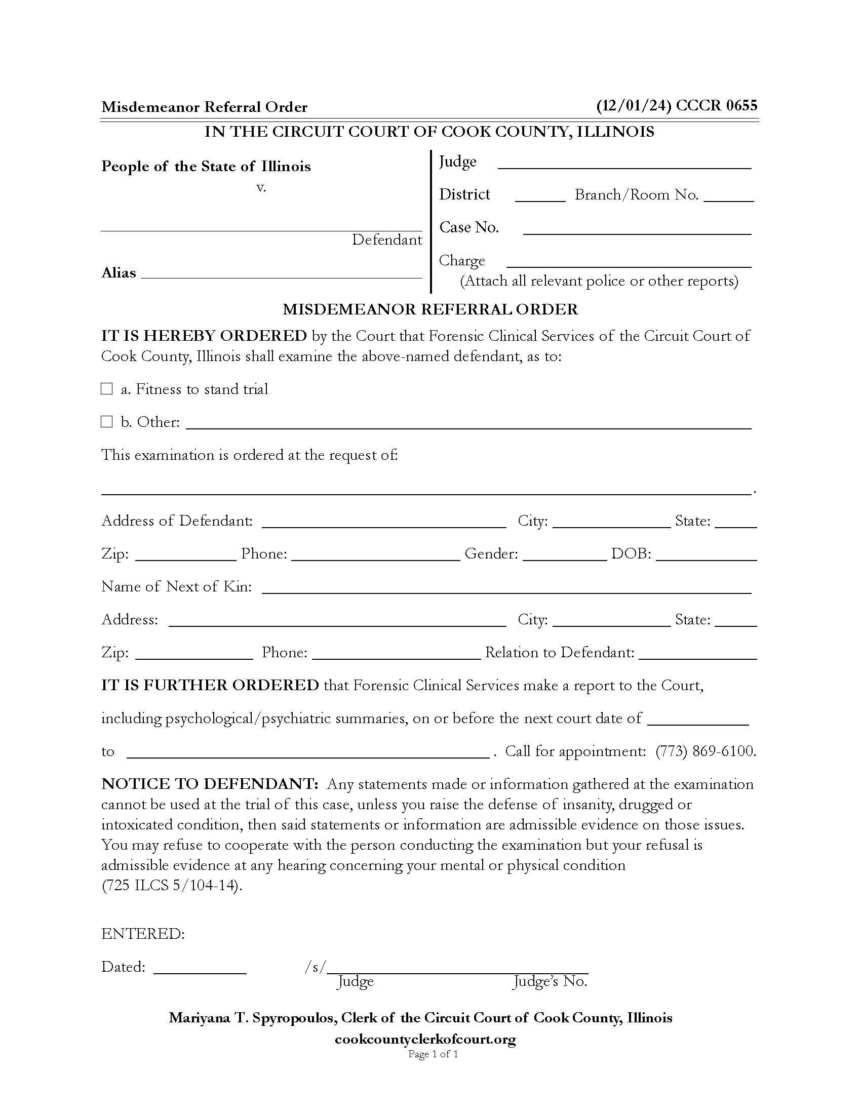 Misdemeanor Referral Order {CCCR 0655} | Pdf Fpdf Docx | Illinois