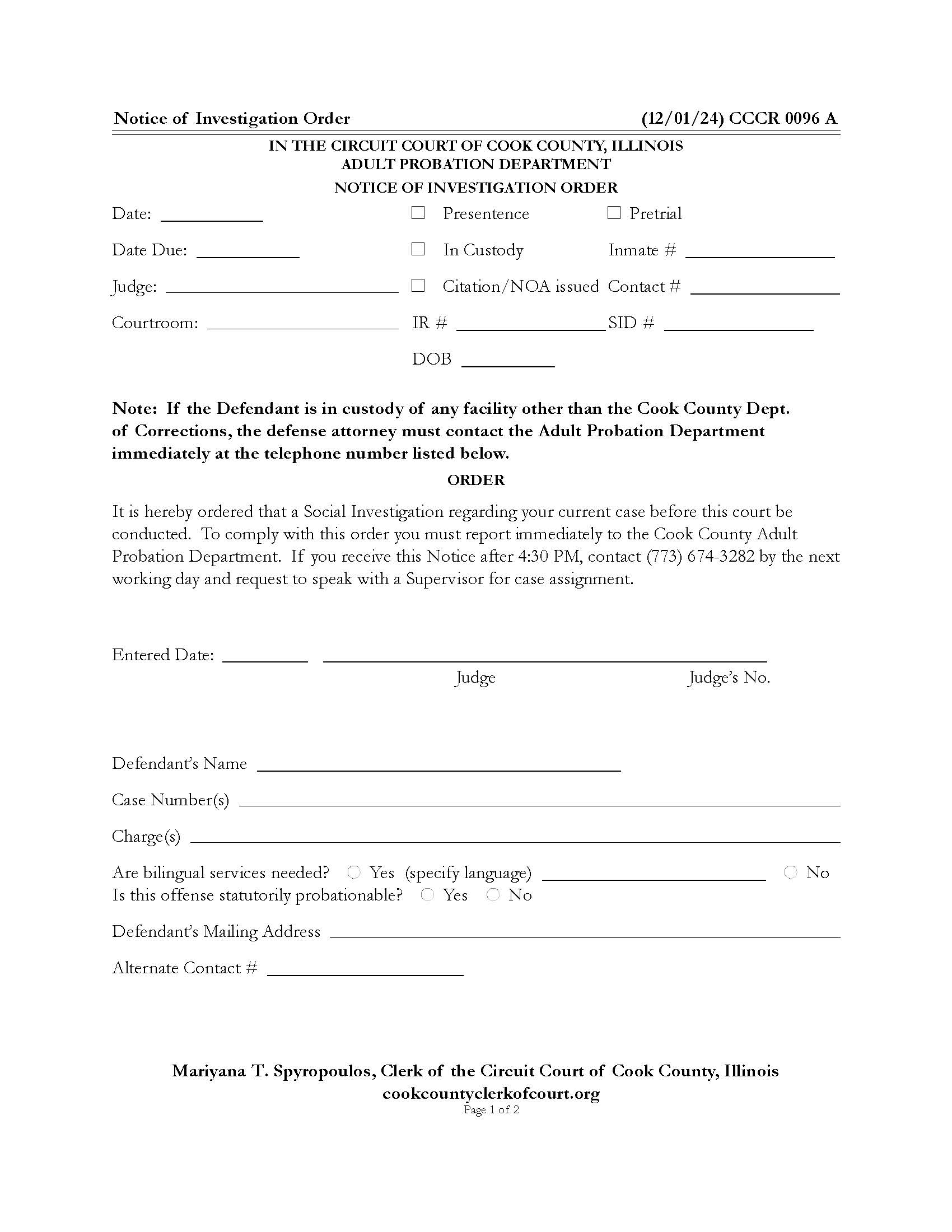 Notice Of Investigation Order {CCCR 0096} | Pdf Fpdf Docx | Illinois