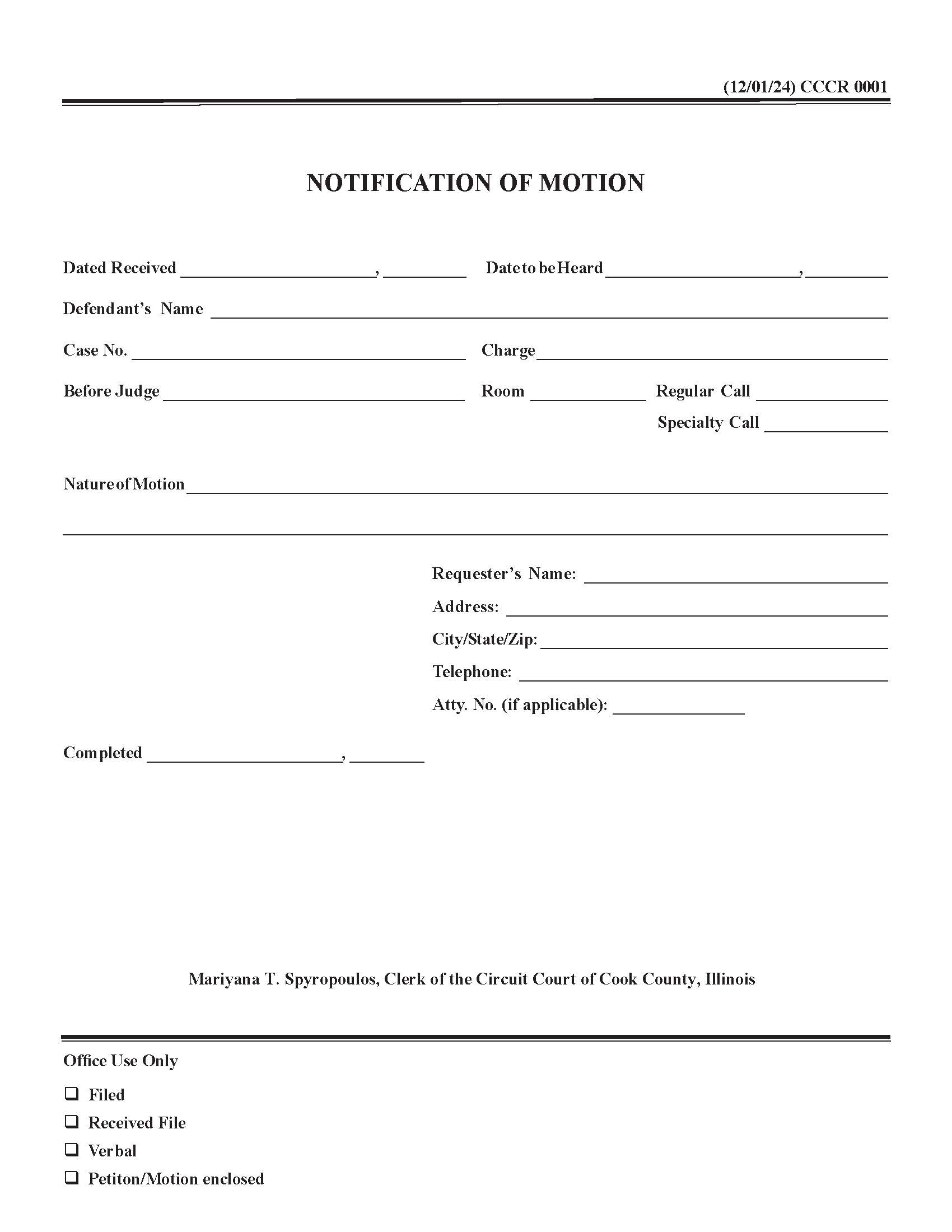 Notification Of Motion {CCCR 0001} | Pdf Fpdf Doc Docx | Illinois