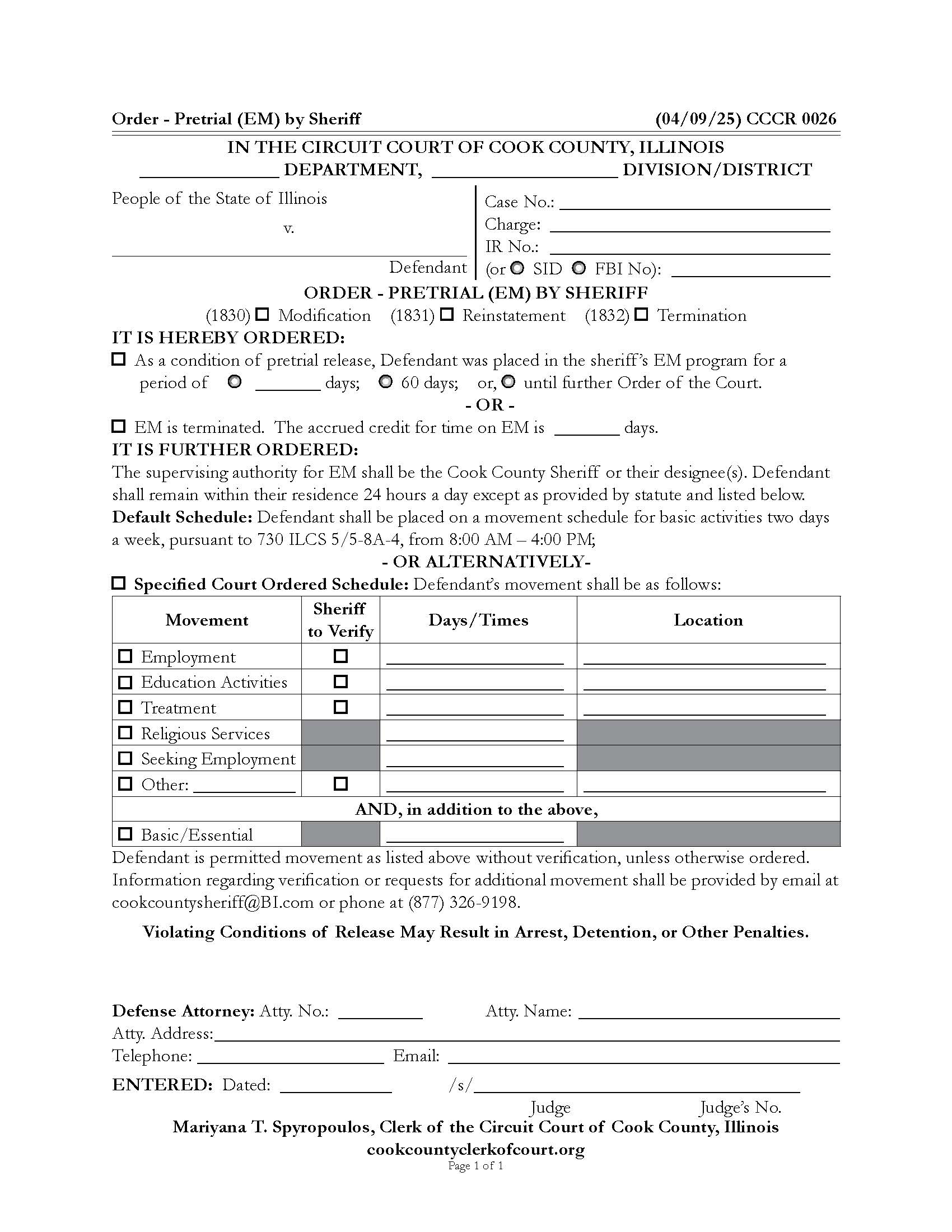 Order - Pretrial (EM) By Sheriff {CCCR 0026} | Pdf Fpdf Doc Docx | Illinois
