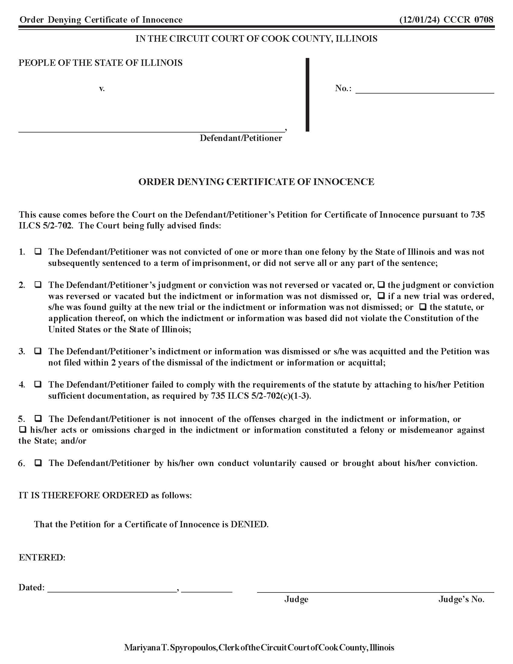 Order Denying Certificate Of Innocence {CCCR 0708} | Pdf Fpdf Doc Docx | Illinois