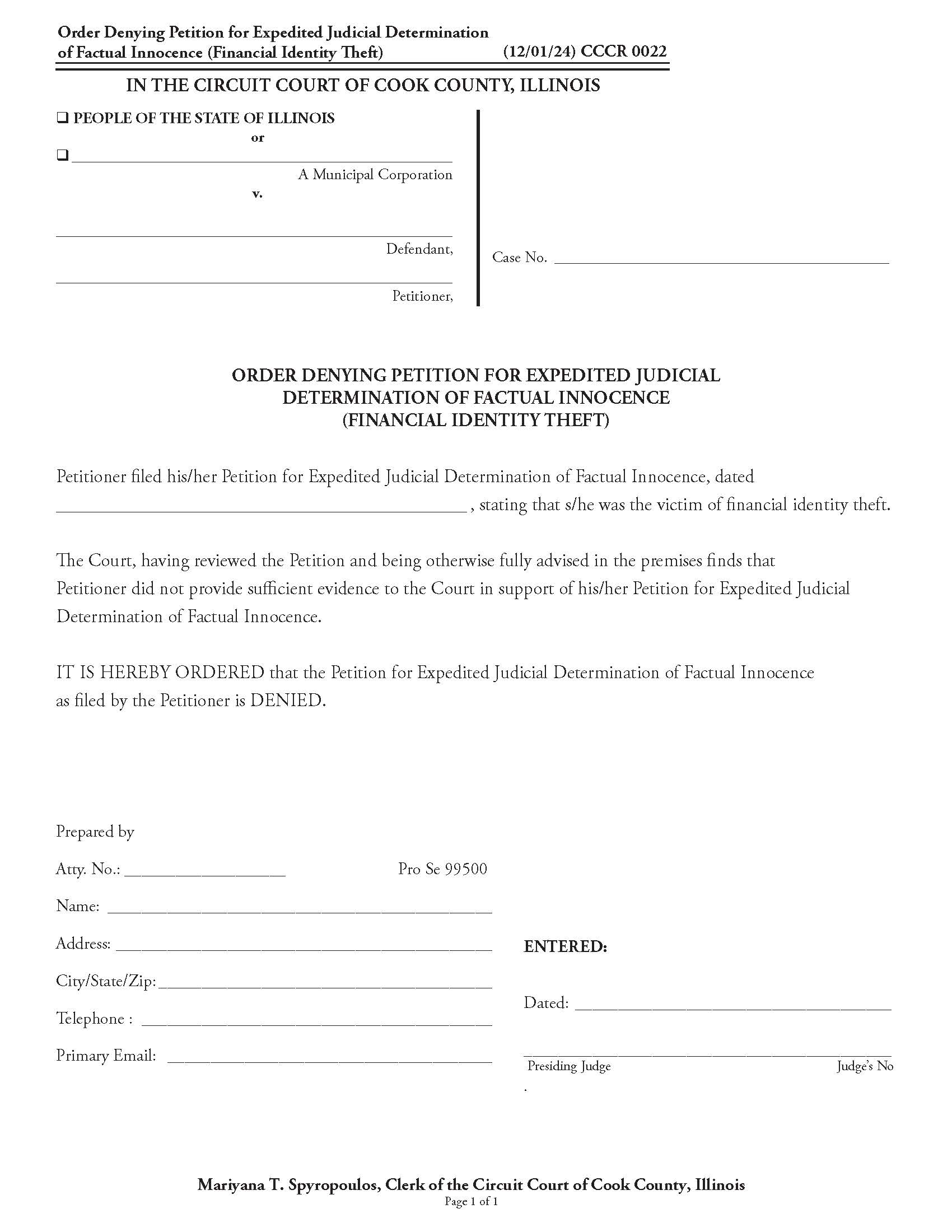 Order Denying Petition Expedited Judicial Determination Factual Innocence (Financial Identity Theft) {CCCR 0022} | Pdf Fpdf Doc Docx | Illinois