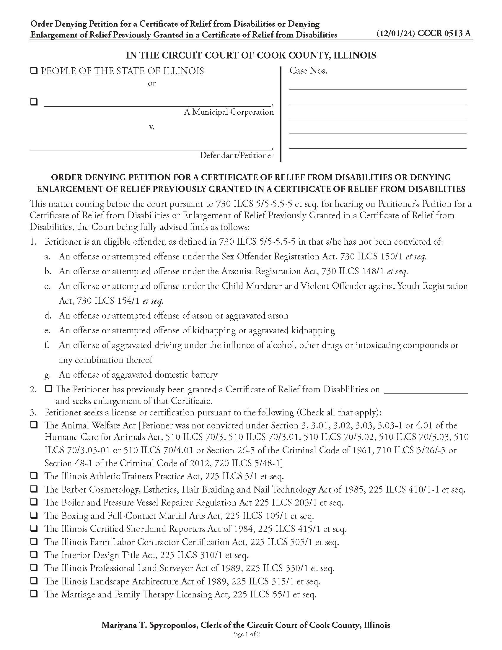 Order Denying Petition For Certificate Of Relief From Disabilities {CCCR 0513} | Pdf Fpdf Doc Docx | Illinois