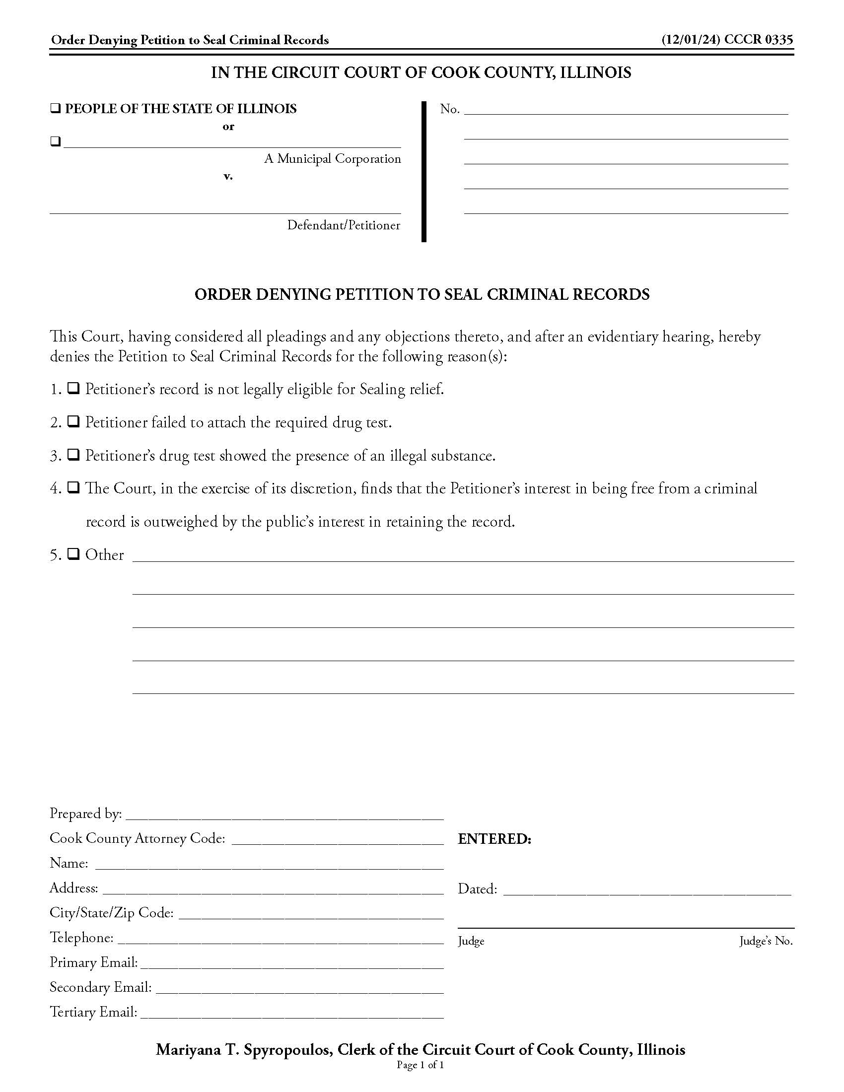 Order Denying Petition To Seal Criminal Records {CCCR 0335} | Pdf Fpdf Doc Docx | Illinois